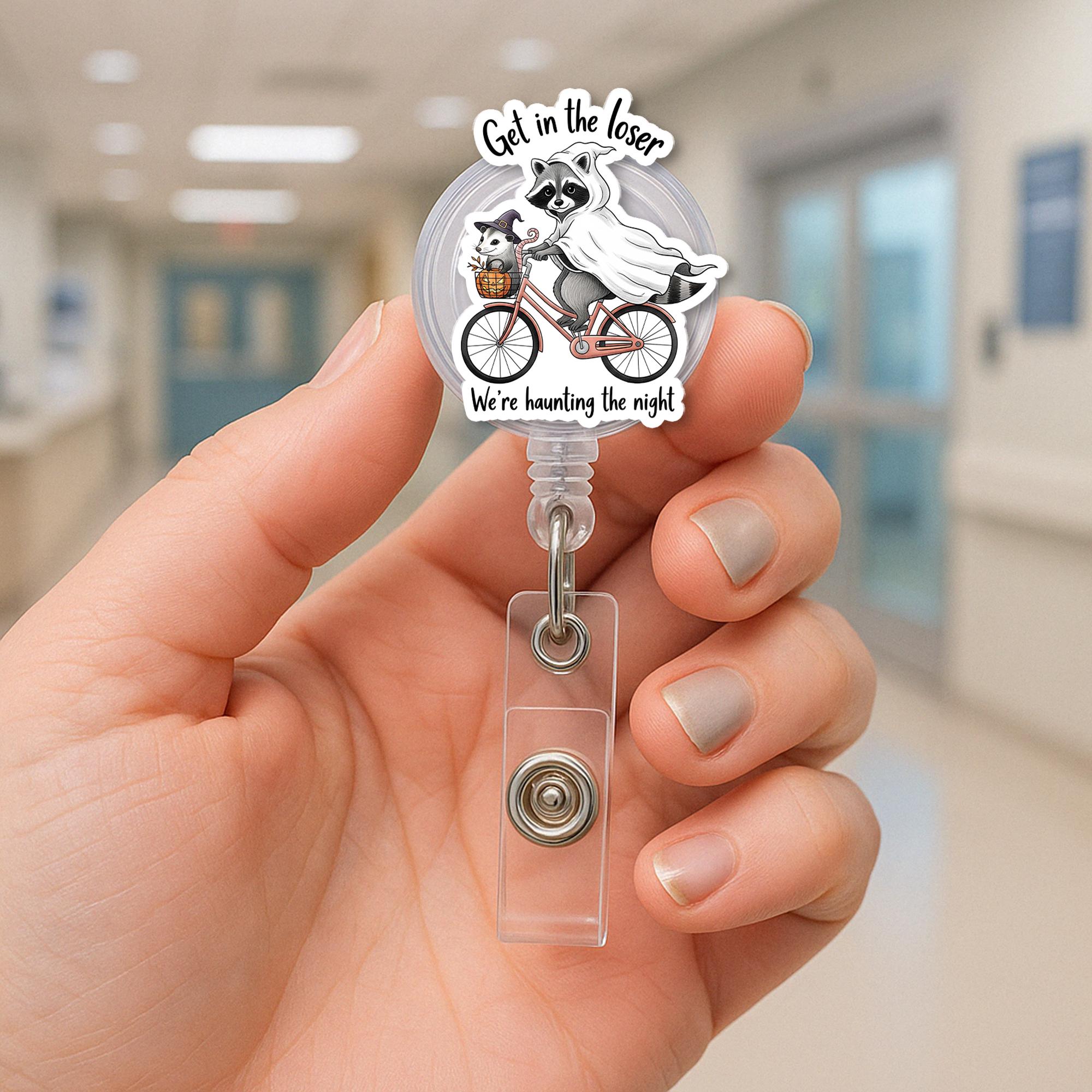 Ghost Raccoon Badge Reel – Cute Halloween ID Holder – Funny Spooky Retractable Name Tag – Fall Nurse Gift – Trick or Treat Accessory
