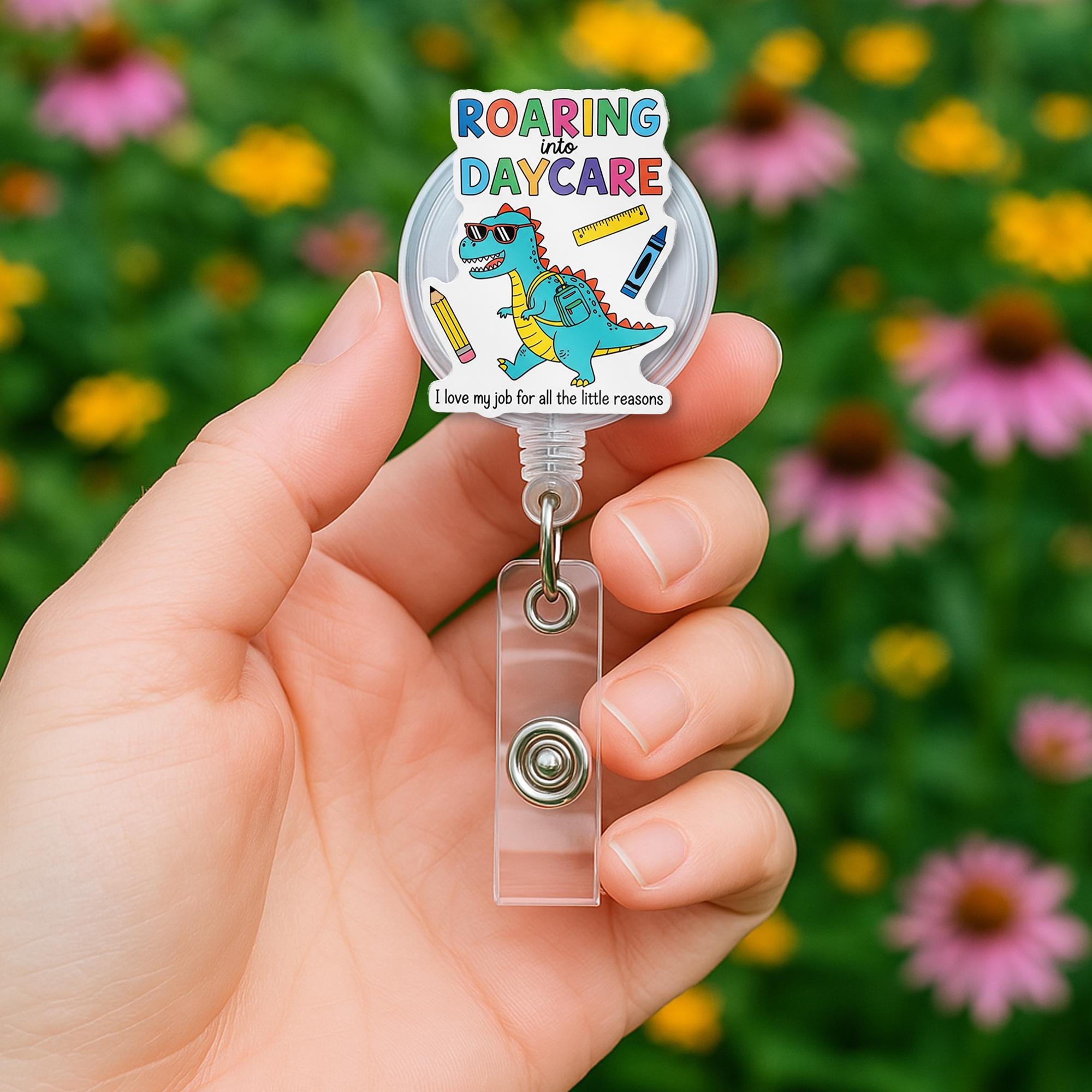 Roaring Into Daycare Badge Reel, Cute Dino ID Holder, Pre-K Teacher Gift, Preschool Lanyard, Fun Retractable Name Tag Clip