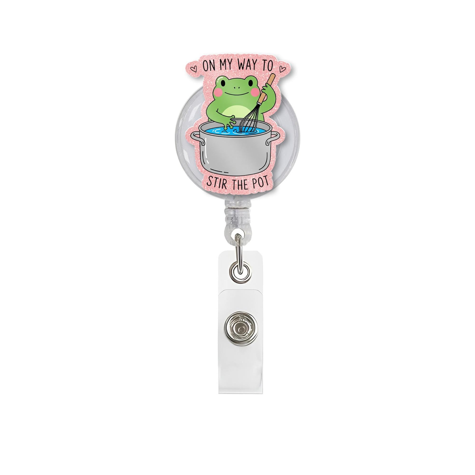 Funny Frog Badge Reel, On My Way to Stir the Pot, Cute ID Holder, Nurse Badge Clip, Office Humor Gift, Retractable Name Tag