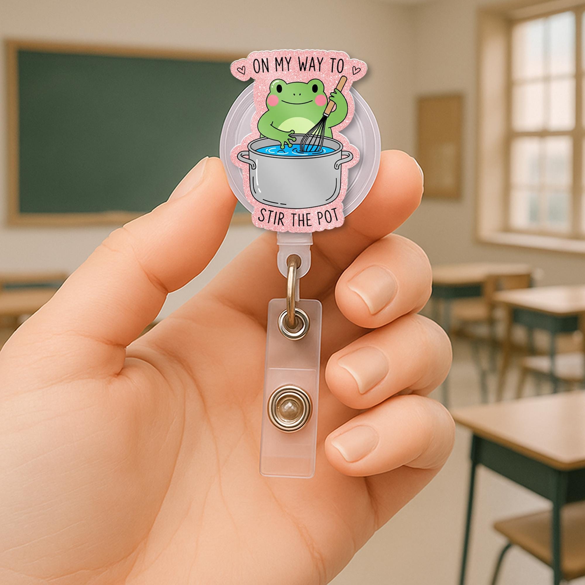 Funny Frog Badge Reel, On My Way to Stir the Pot, Cute ID Holder, Nurse Badge Clip, Office Humor Gift, Retractable Name Tag