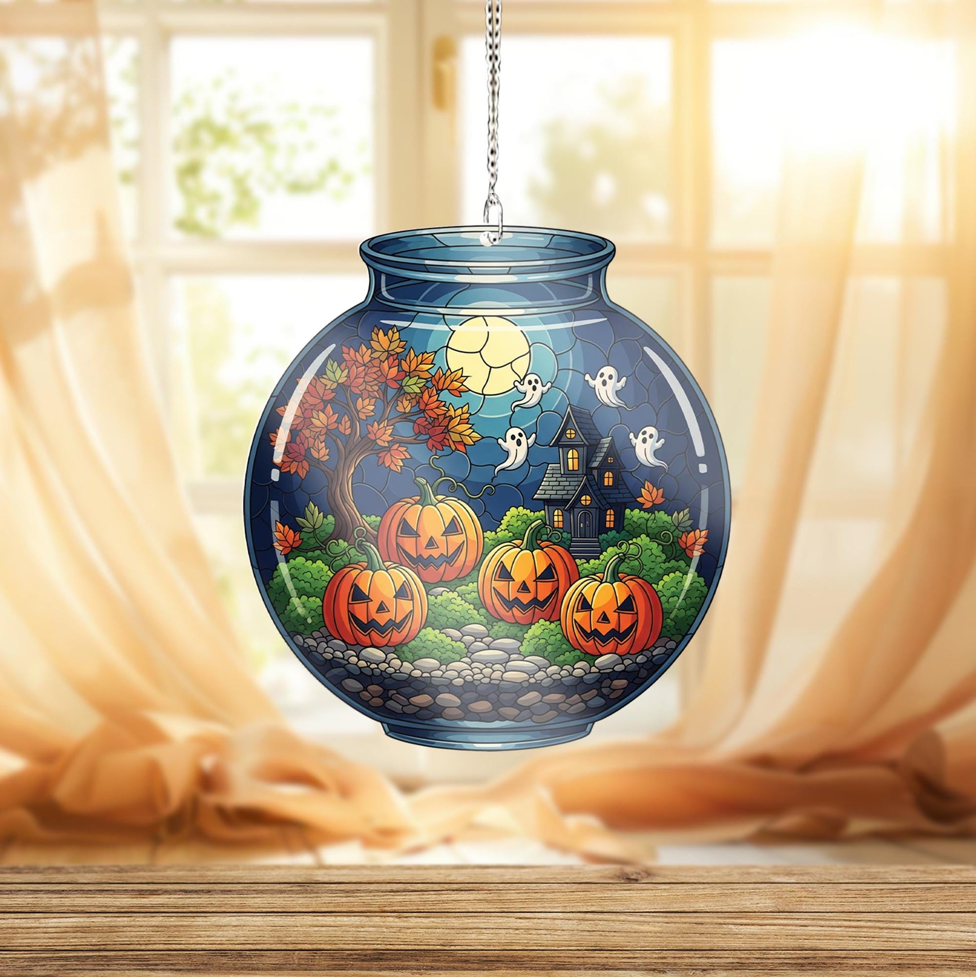 Faux Stained Glass Halloween Terrarium Jar Window Hanging – Pumpkin Ghost Suncatcher, Spooky Haunted House Autumn Window Decor