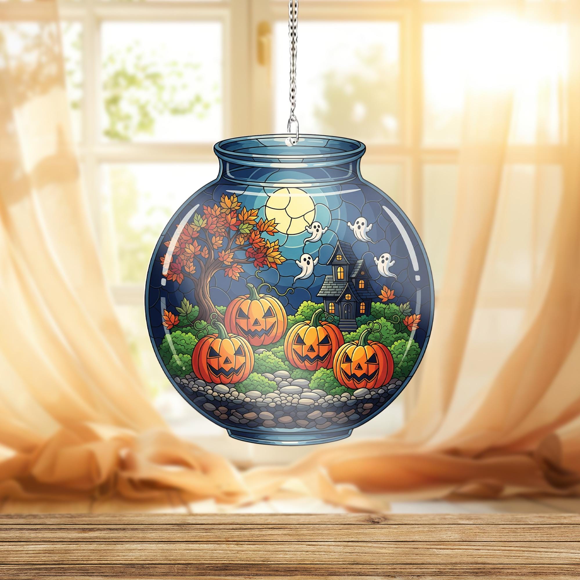 Faux Stained Glass Halloween Terrarium Jar Window Hanging – Pumpkin Ghost Suncatcher, Spooky Haunted House Autumn Window Decor