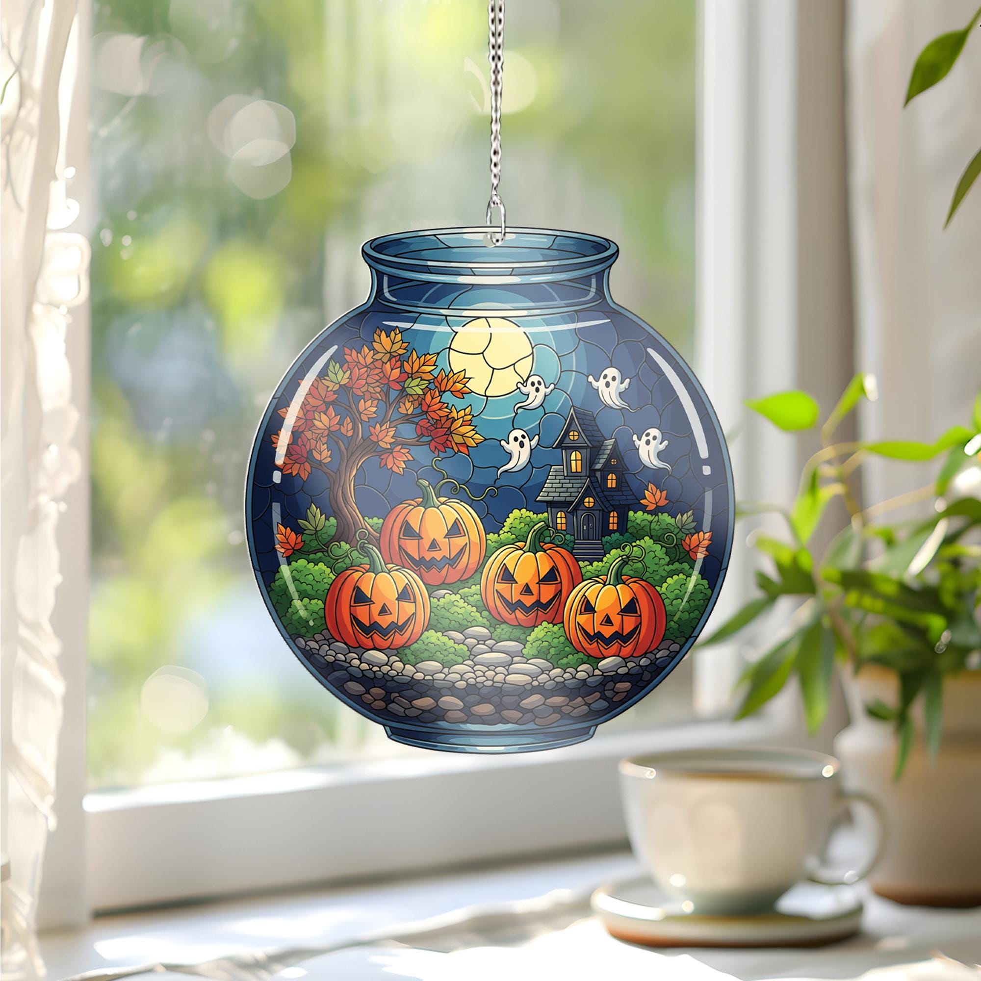 Faux Stained Glass Halloween Terrarium Jar Window Hanging – Pumpkin Ghost Suncatcher, Spooky Haunted House Autumn Window Decor