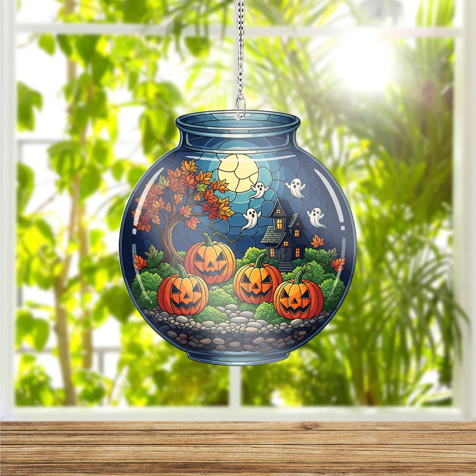Faux Stained Glass Halloween Terrarium Jar Window Hanging – Pumpkin Ghost Suncatcher, Spooky Haunted House Autumn Window Decor