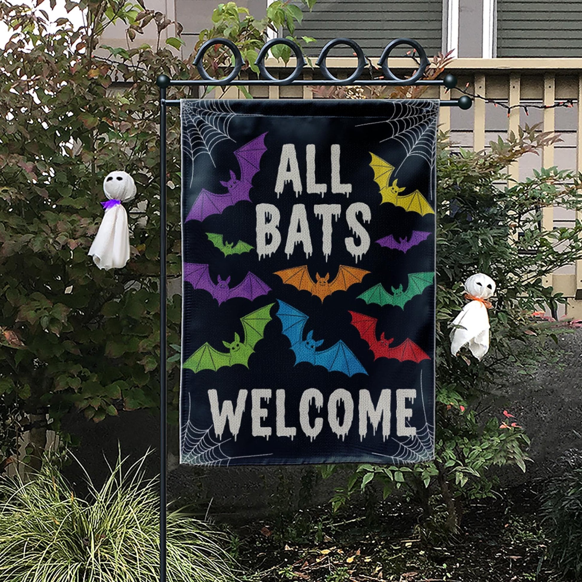 All Bats Welcome Garden Flag, Halloween Yard Decor, Cute Spooky Outdoor Sign, Colorful Bat Flag, Funny Fall Porch Decoration