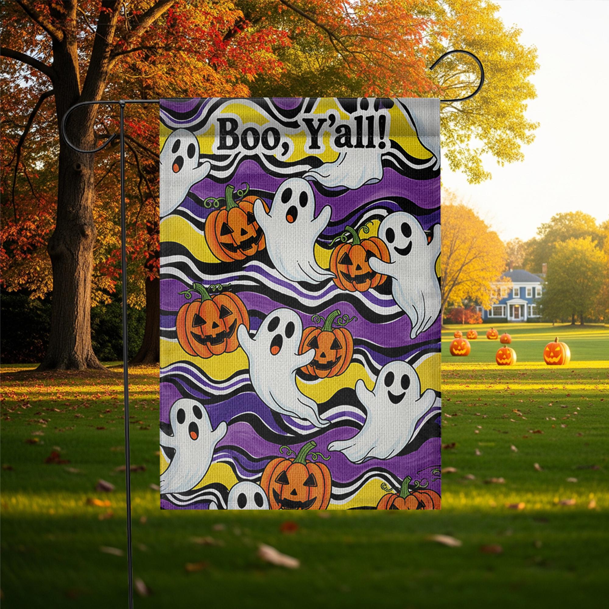 Boo Y’all Garden Flag, Cute Ghost and Pumpkin Halloween Decor, Funny Southern Fall Yard Flag, Outdoor Spooky Holiday Sign