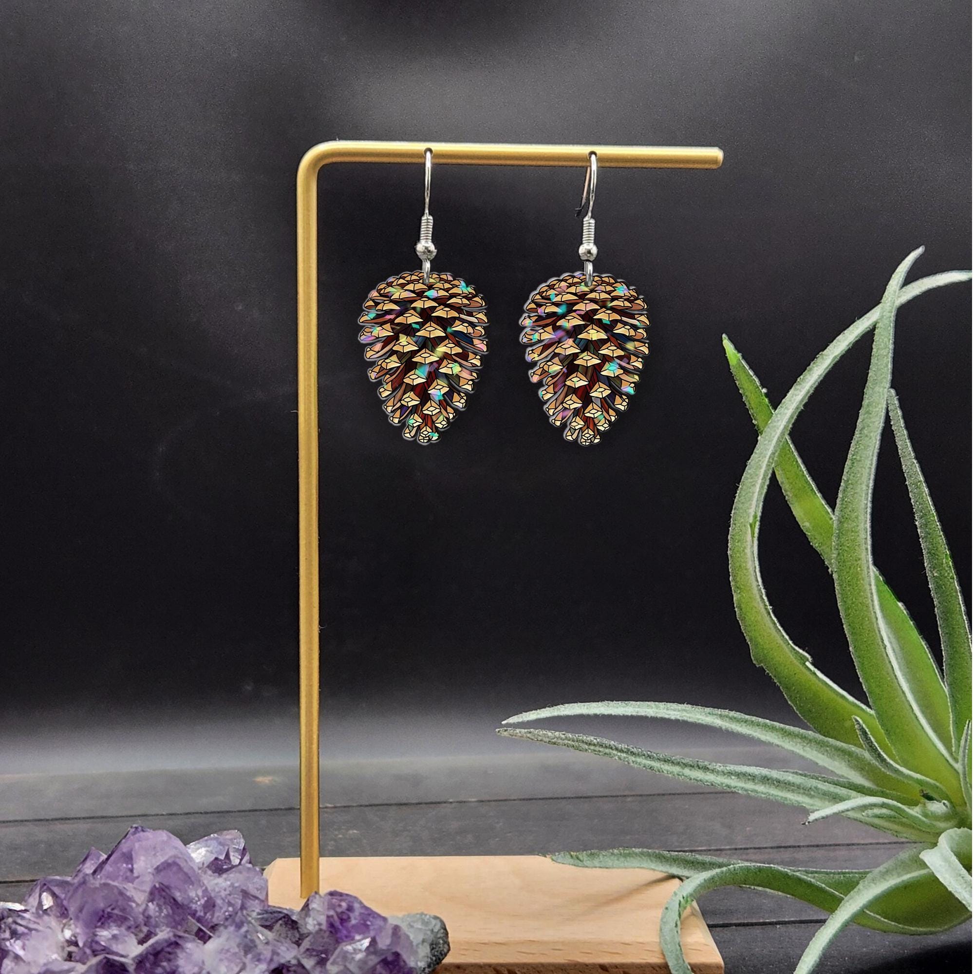 Faux Stained Glass Pine Cone Earrings – Woodland Nature Jewelry, Fall Forest Charm, Rustic Holiday Accessory, Winter Cabin Style