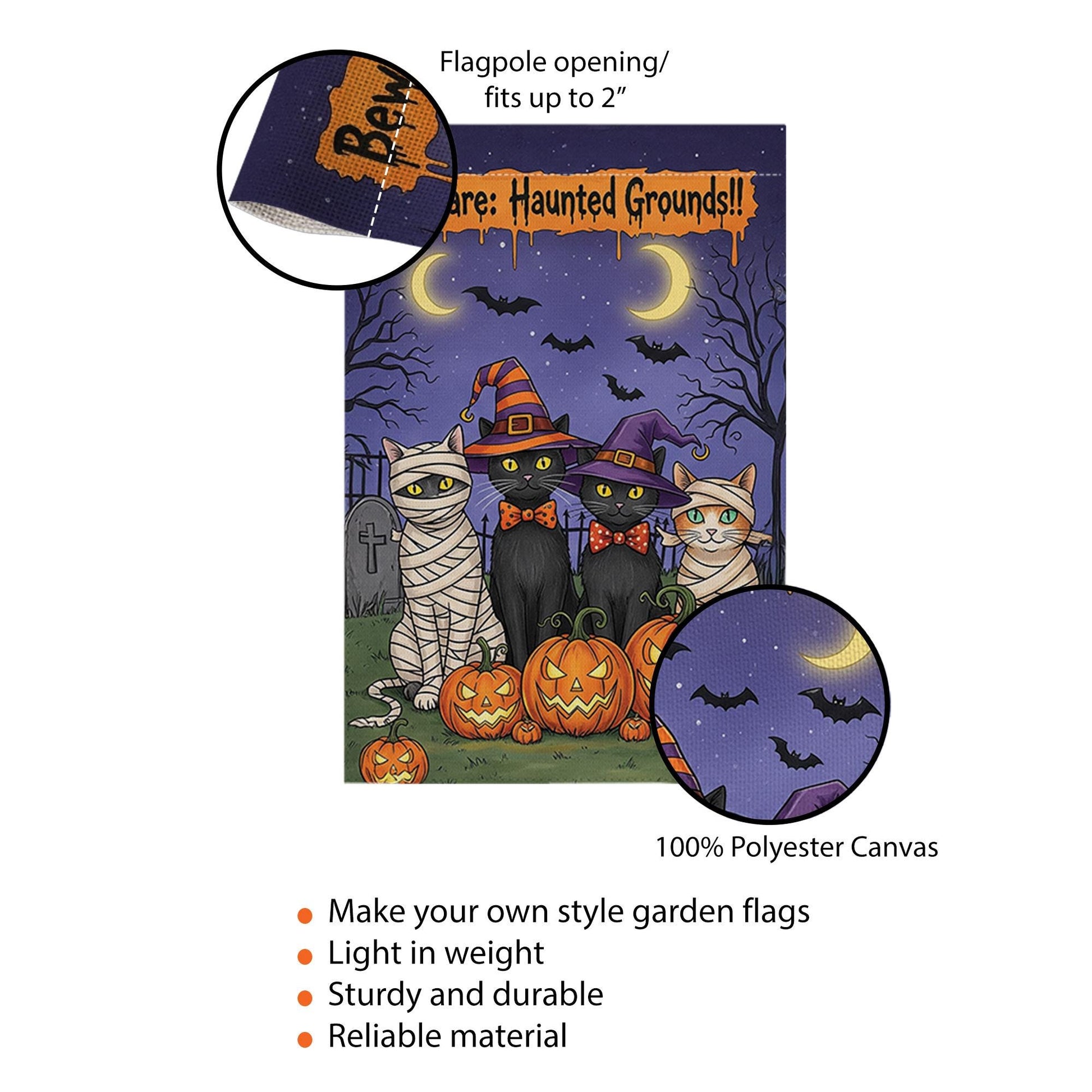 Haunted Grounds Garden Flag, Halloween Cat Yard Decor, Spooky Pumpkin Outdoor Sign, Witch Cat Garden Flag, Fall Porch Decoration