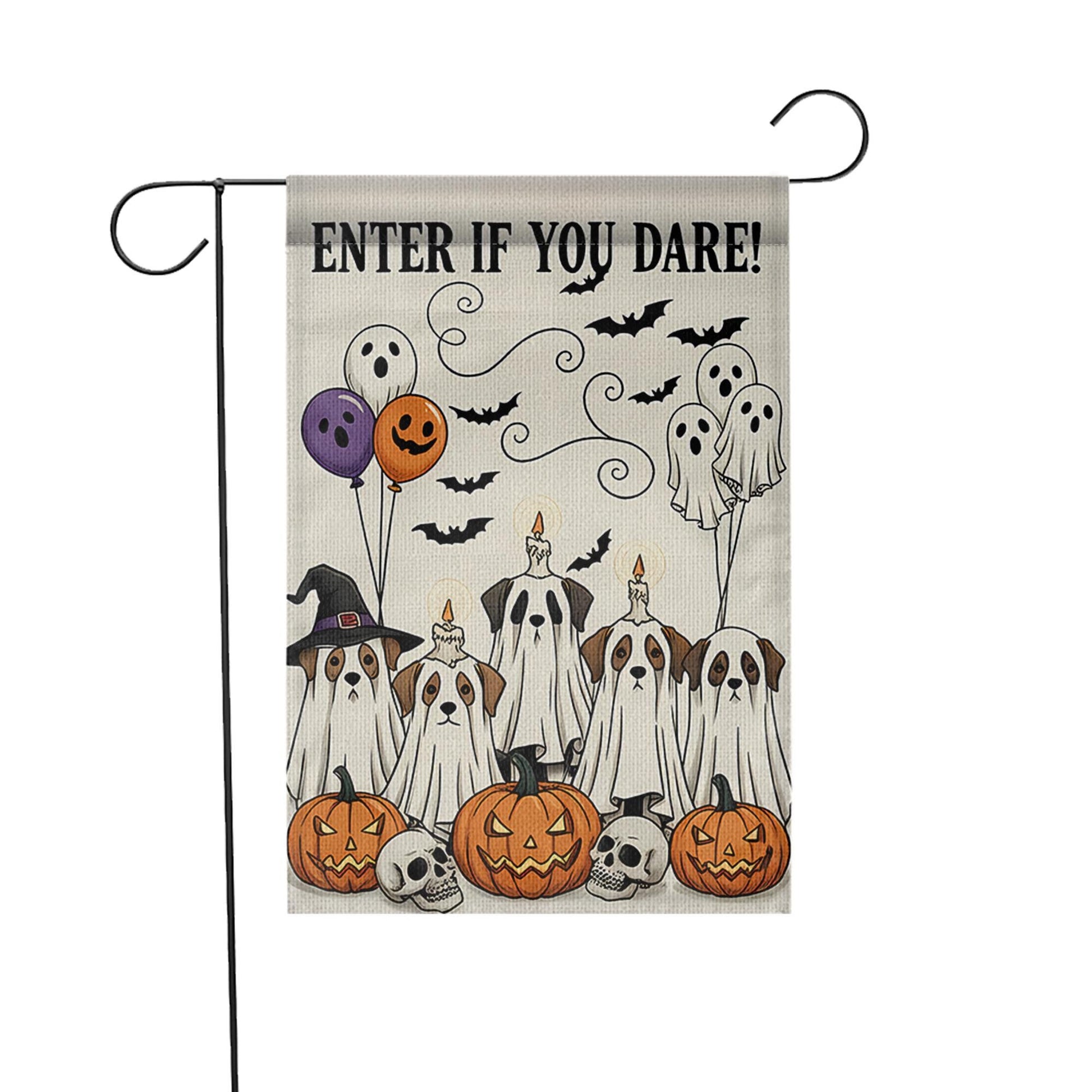 Enter If You Dare Garden Flag, Halloween Dog Ghost Decor, Funny Spooky Yard Sign, Pumpkin and Skull Fall Outdoor Decoration
