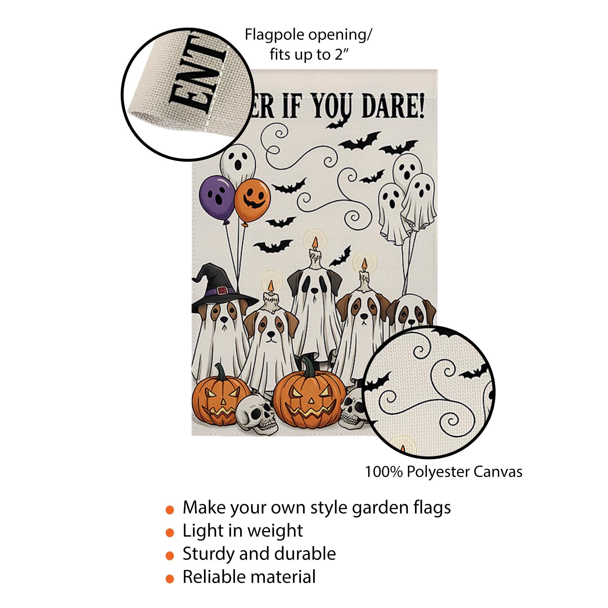 Enter If You Dare Garden Flag, Halloween Dog Ghost Decor, Funny Spooky Yard Sign, Pumpkin and Skull Fall Outdoor Decoration