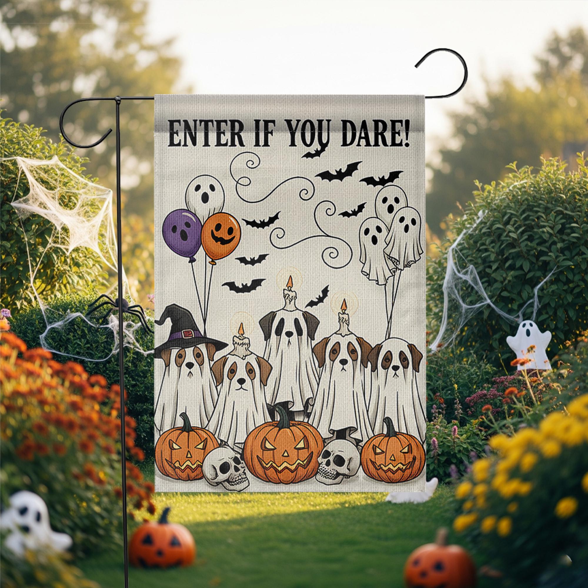 Enter If You Dare Garden Flag, Halloween Dog Ghost Decor, Funny Spooky Yard Sign, Pumpkin and Skull Fall Outdoor Decoration