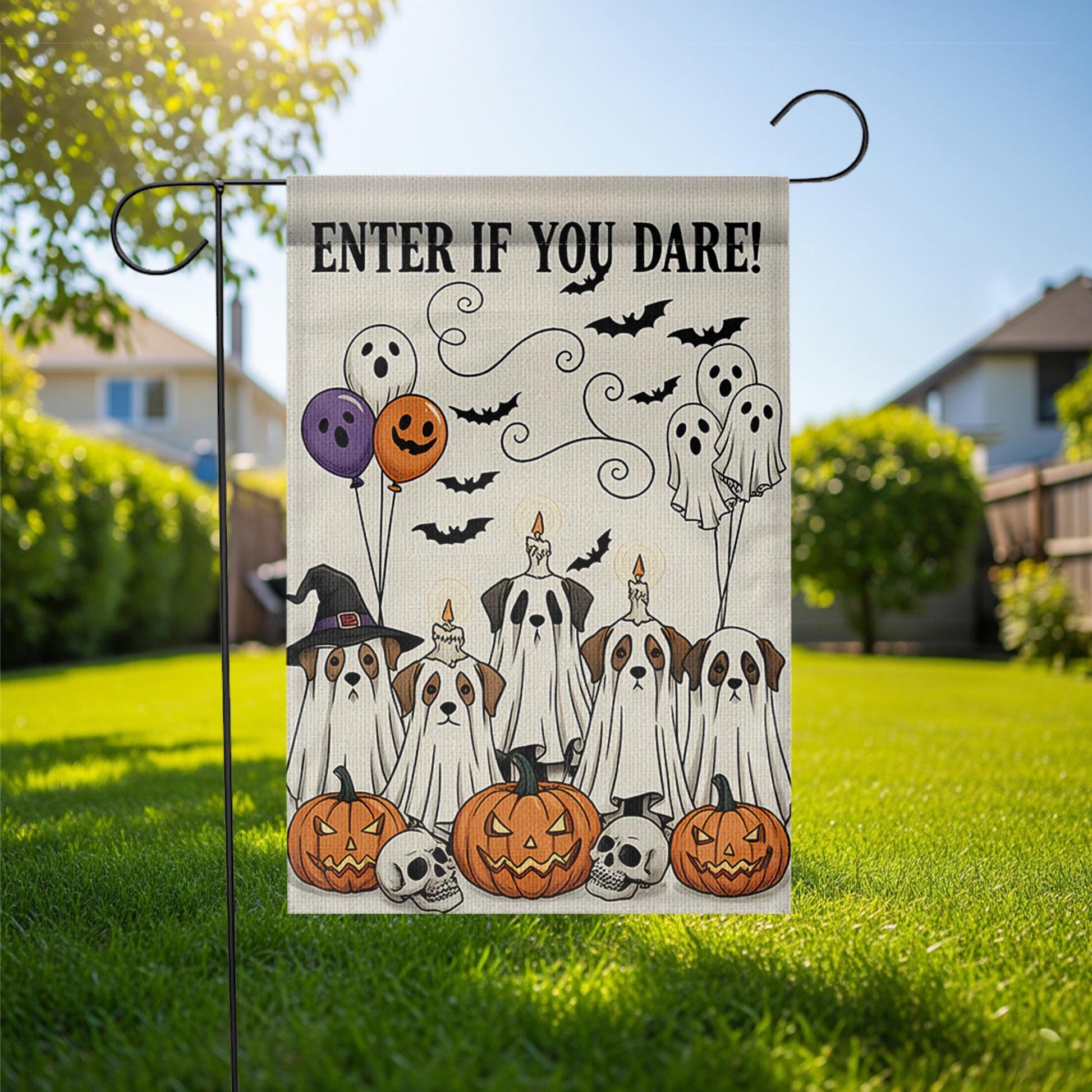 Enter If You Dare Garden Flag, Halloween Dog Ghost Decor, Funny Spooky Yard Sign, Pumpkin and Skull Fall Outdoor Decoration