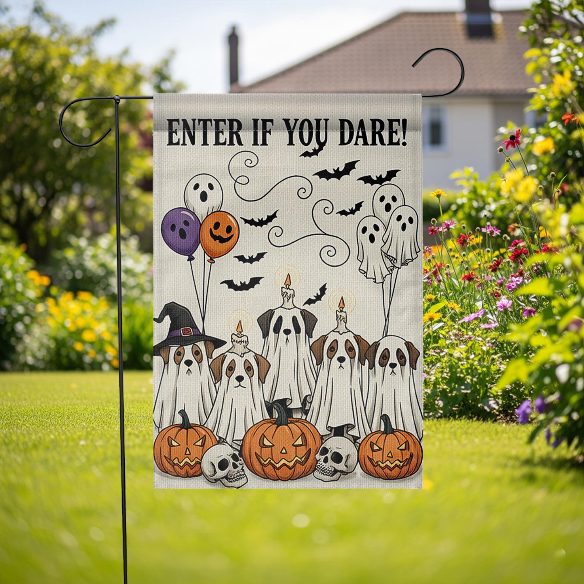 Enter If You Dare Garden Flag, Halloween Dog Ghost Decor, Funny Spooky Yard Sign, Pumpkin and Skull Fall Outdoor Decoration
