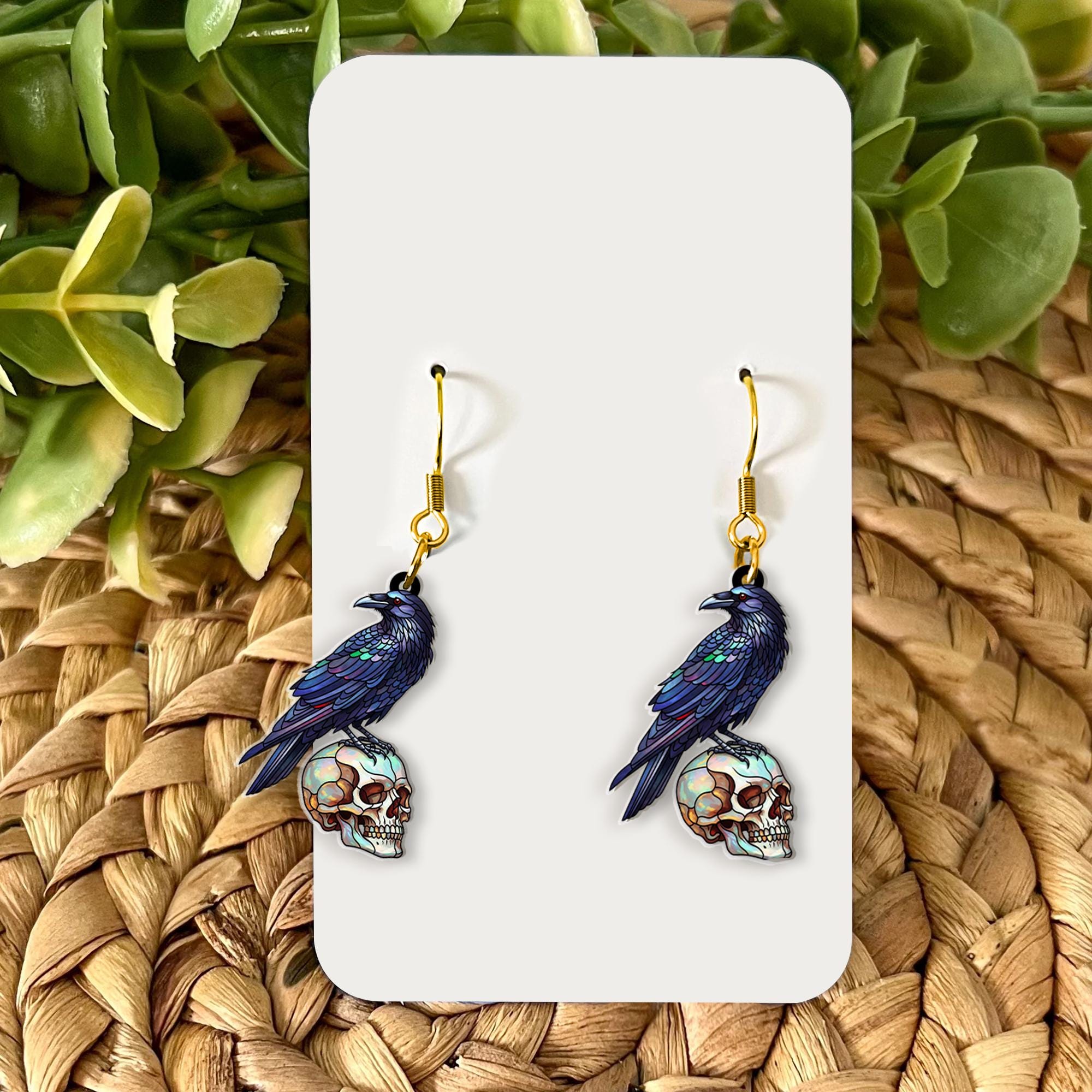 Faux Stained Glass Raven Skull Earrings – Gothic Crow Jewelry, Spooky Halloween Accessory, Dark Academia Aesthetic Gift