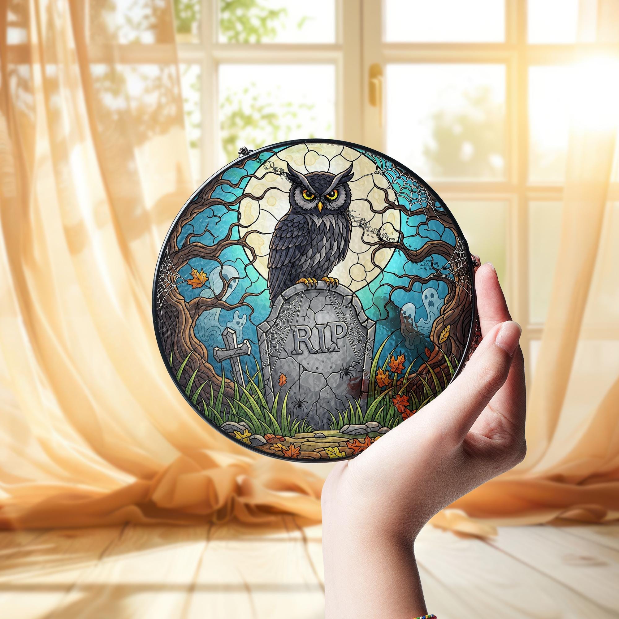 Stained Glass Owl Suncatcher Halloween RIP Graveyard Decor Spooky Gothic Wall Hanging