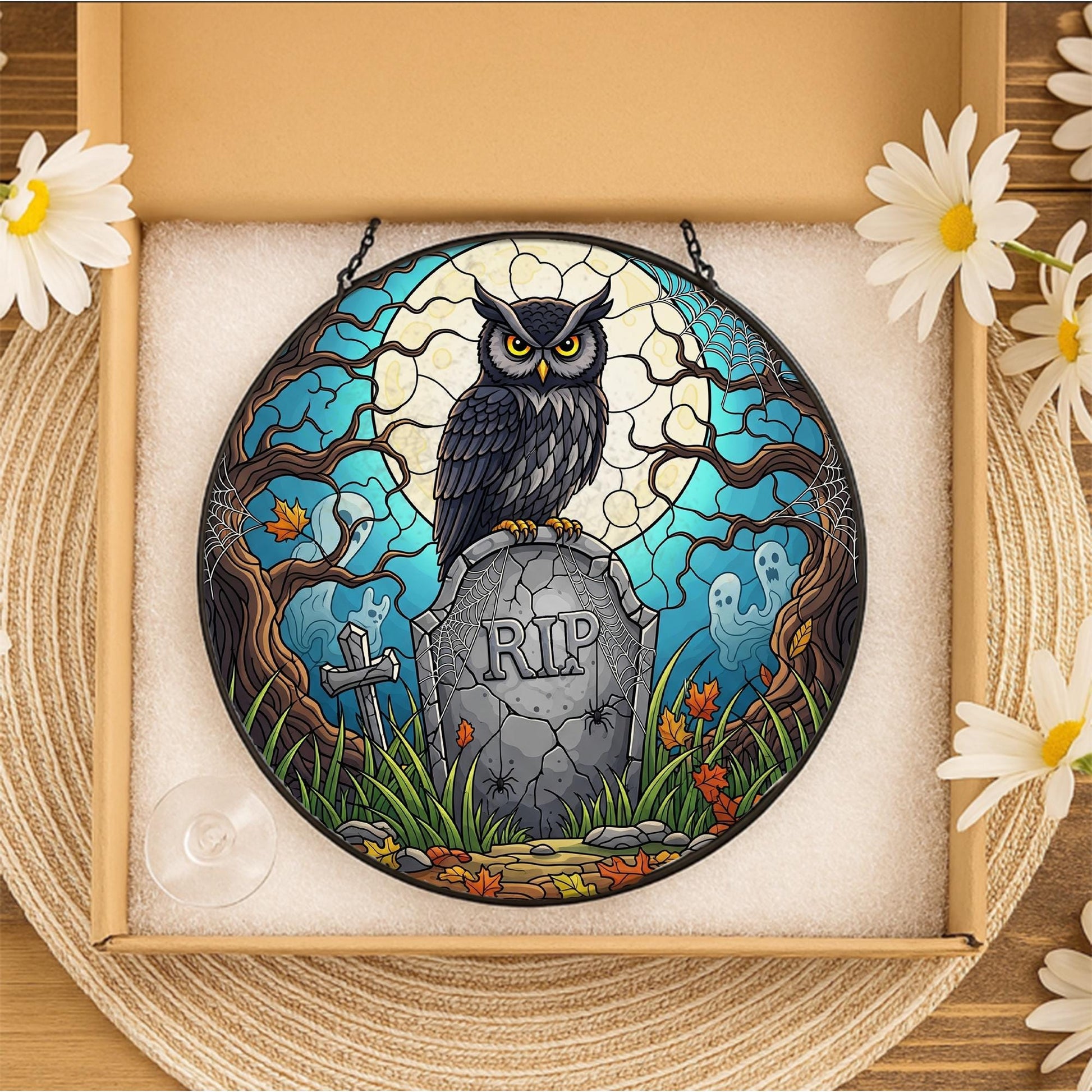 Stained Glass Owl Suncatcher Halloween RIP Graveyard Decor Spooky Gothic Wall Hanging
