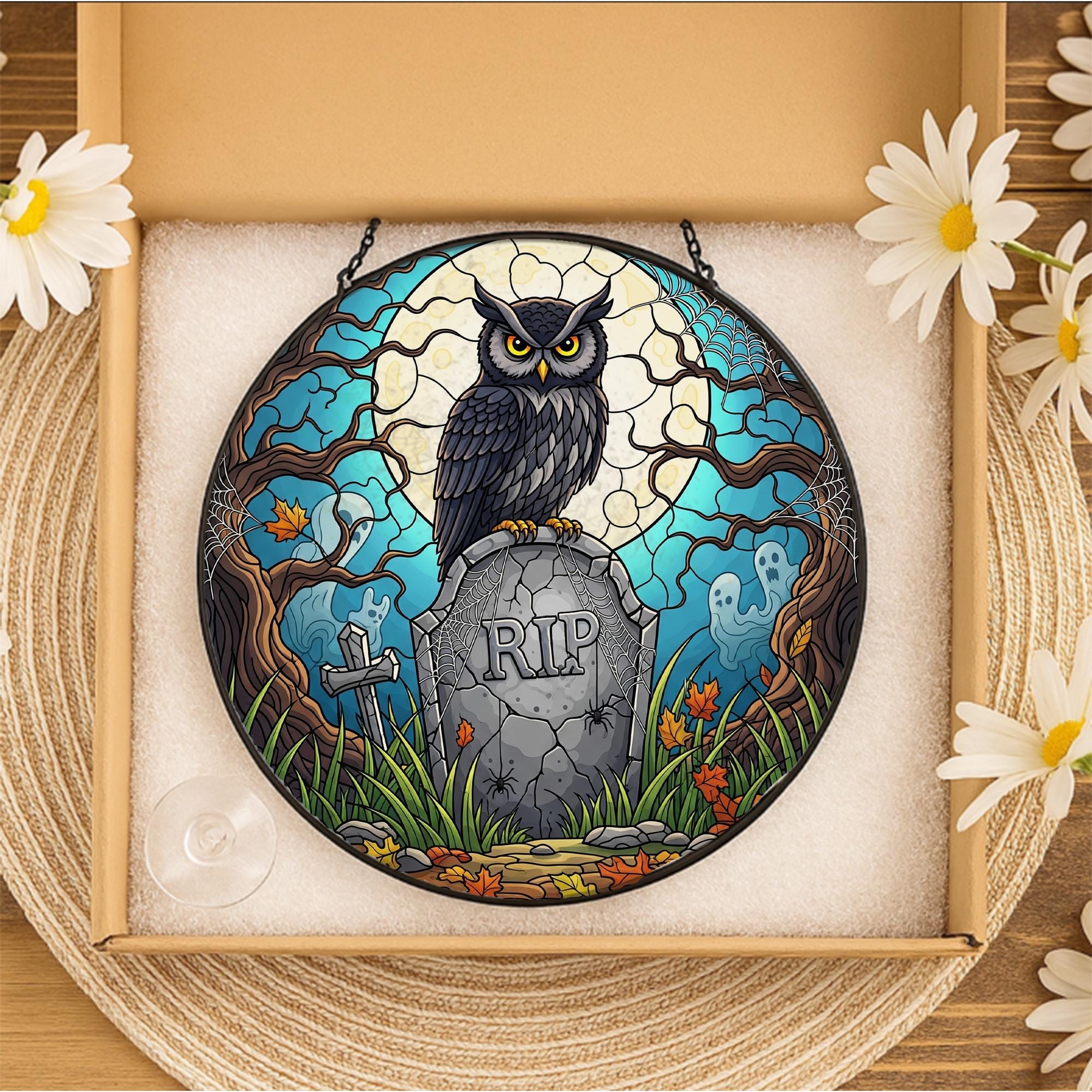 Stained Glass Owl Suncatcher Halloween RIP Graveyard Decor Spooky Gothic Wall Hanging