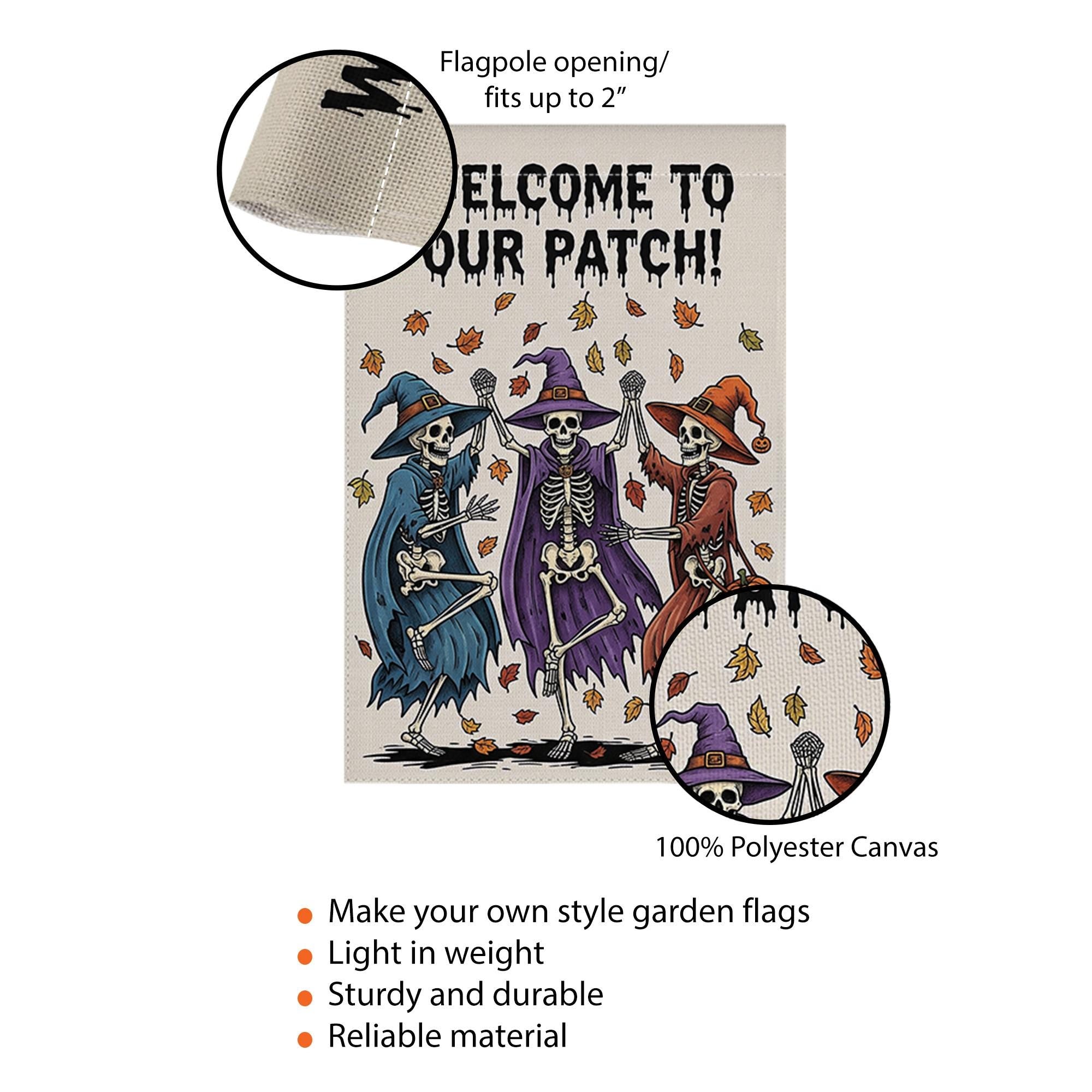 Welcome to Our Patch Garden Flag, Dancing Skeleton Witches Halloween Decor, Funny Fall Yard Sign, Spooky Outdoor Decoration