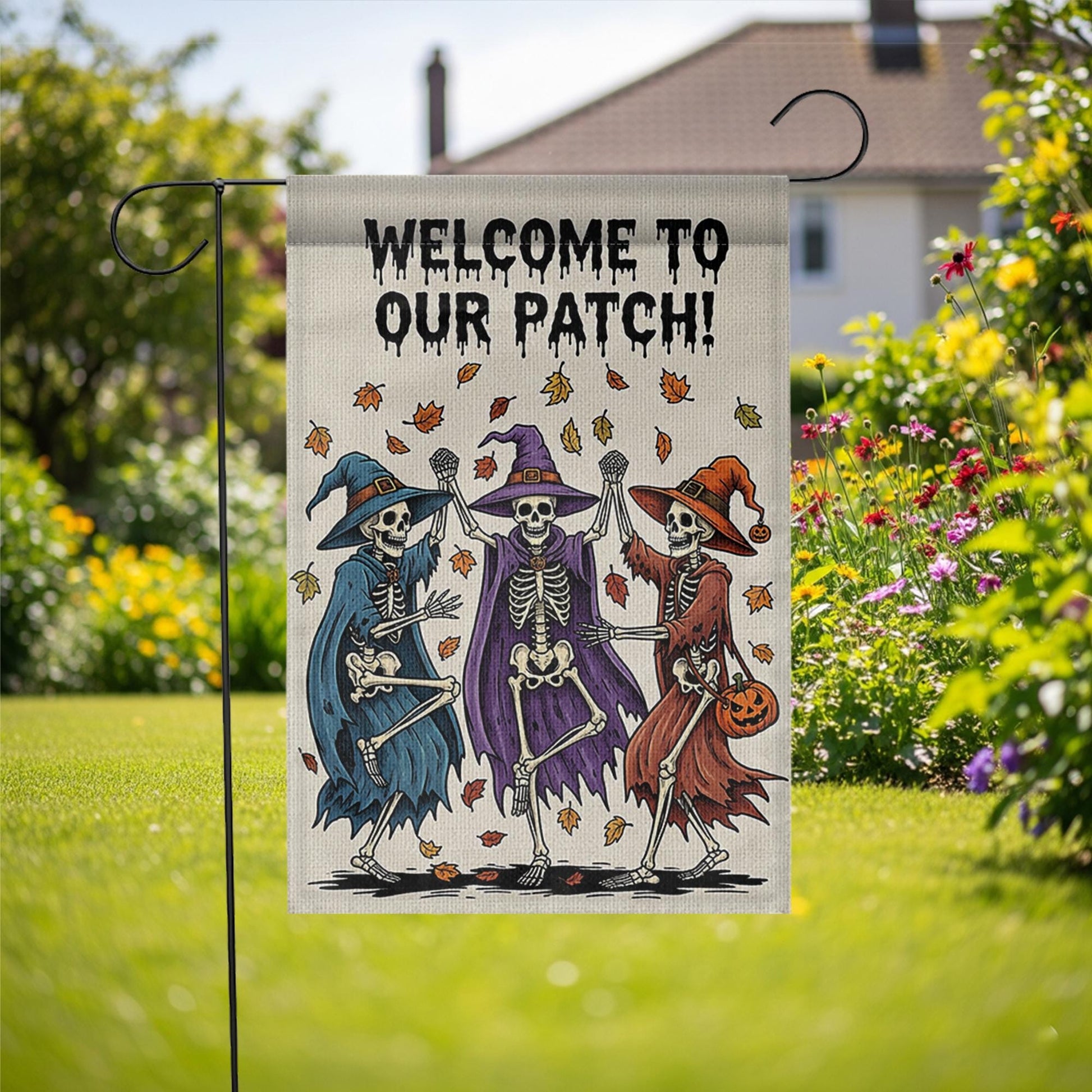 Welcome to Our Patch Garden Flag, Dancing Skeleton Witches Halloween Decor, Funny Fall Yard Sign, Spooky Outdoor Decoration
