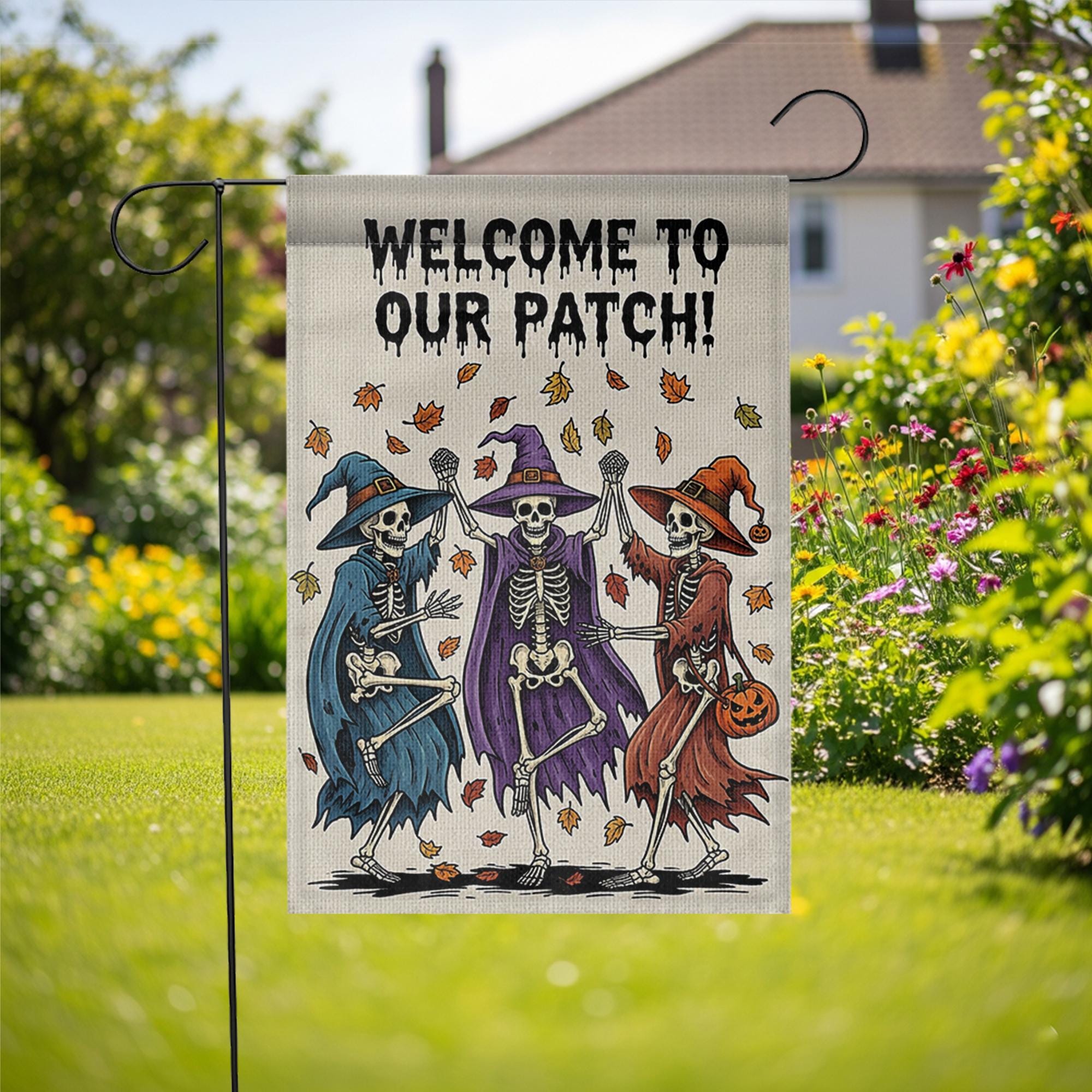 Welcome to Our Patch Garden Flag, Dancing Skeleton Witches Halloween Decor, Funny Fall Yard Sign, Spooky Outdoor Decoration