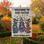 Welcome to Our Patch Garden Flag, Dancing Skeleton Witches Halloween Decor, Funny Fall Yard Sign, Spooky Outdoor Decoration