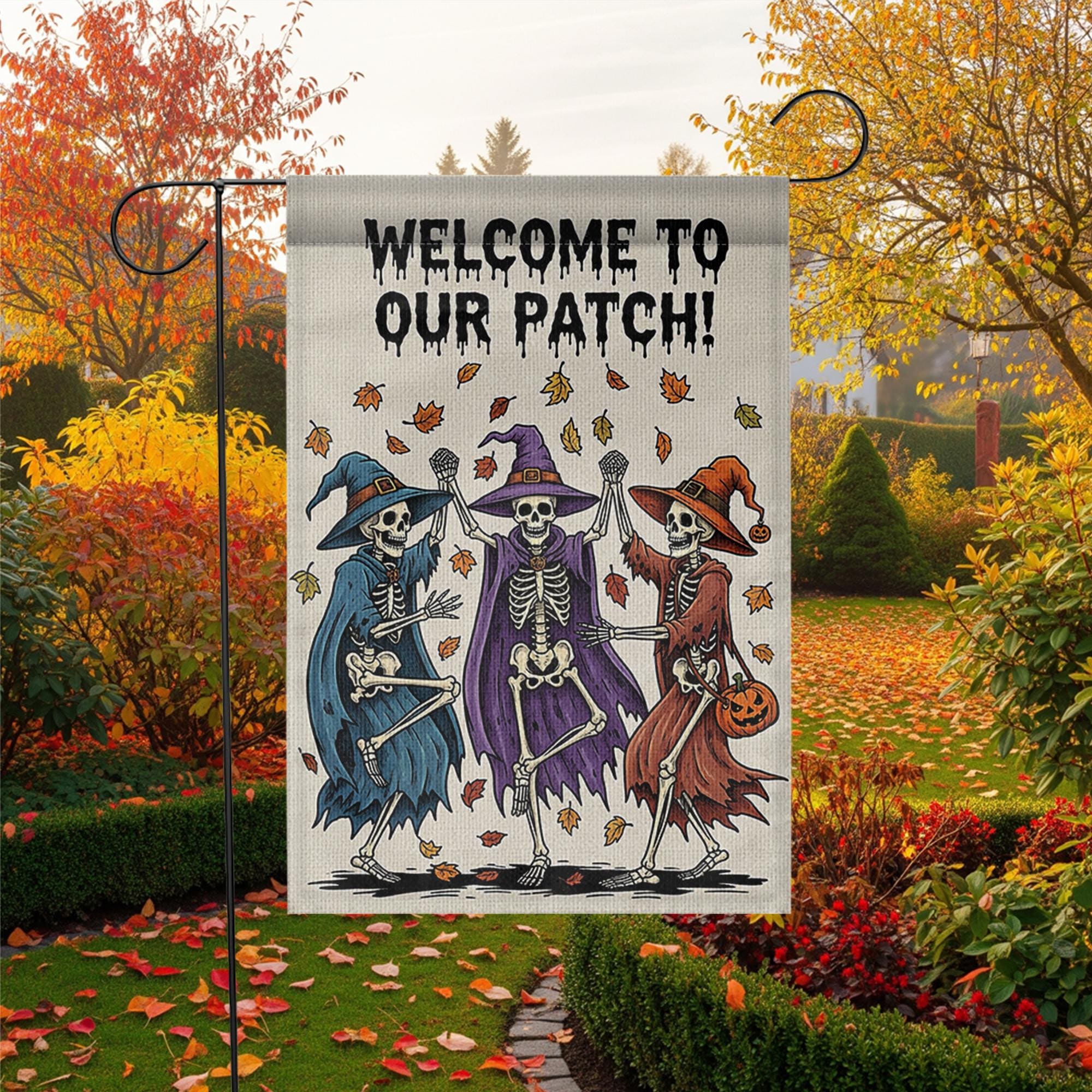 Welcome to Our Patch Garden Flag, Dancing Skeleton Witches Halloween Decor, Funny Fall Yard Sign, Spooky Outdoor Decoration