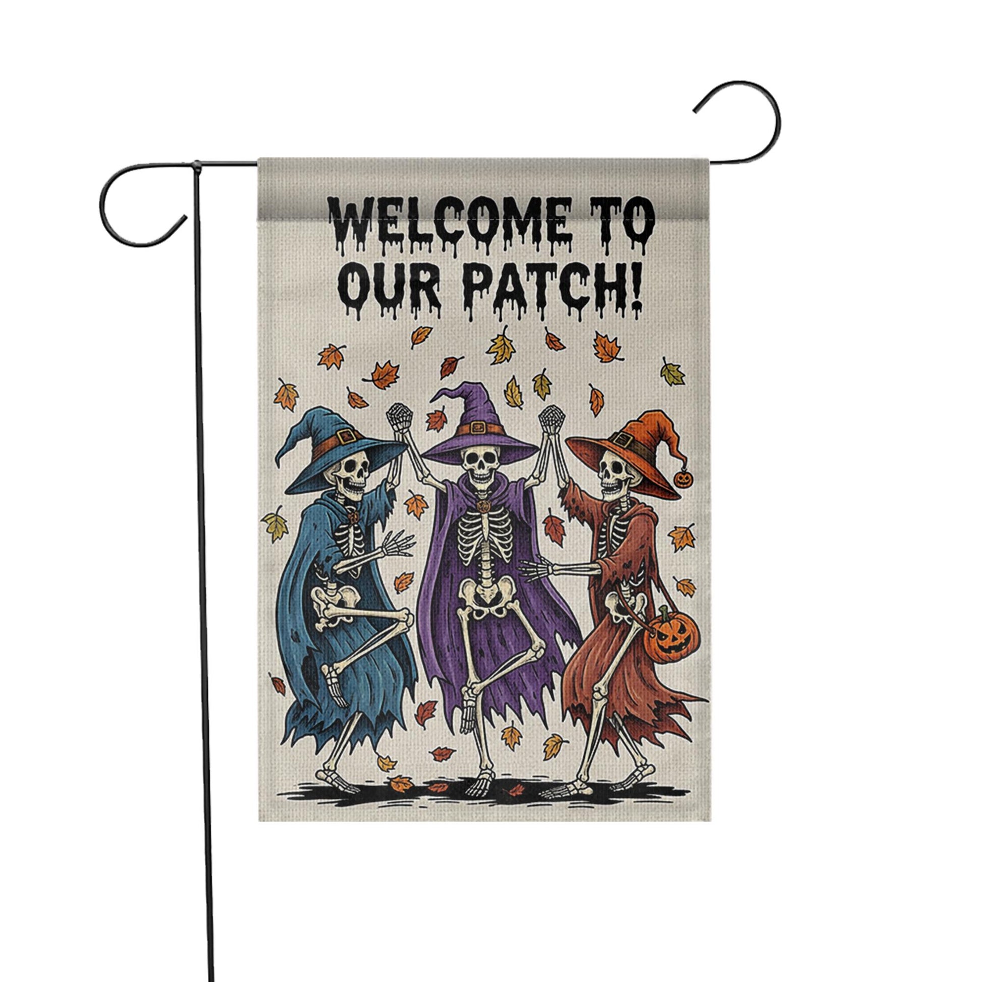 Welcome to Our Patch Garden Flag, Dancing Skeleton Witches Halloween Decor, Funny Fall Yard Sign, Spooky Outdoor Decoration