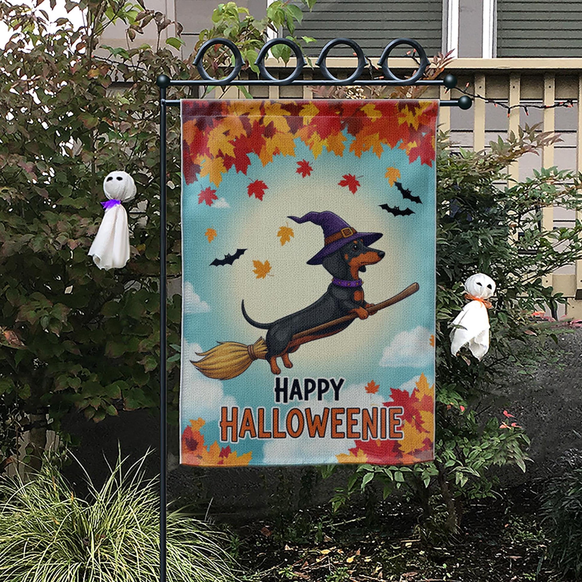 Happy Halloweenie Garden Flag, Dachshund Witch Halloween Decor, Funny Fall Dog Yard Sign, Cute Outdoor Holiday Decoration