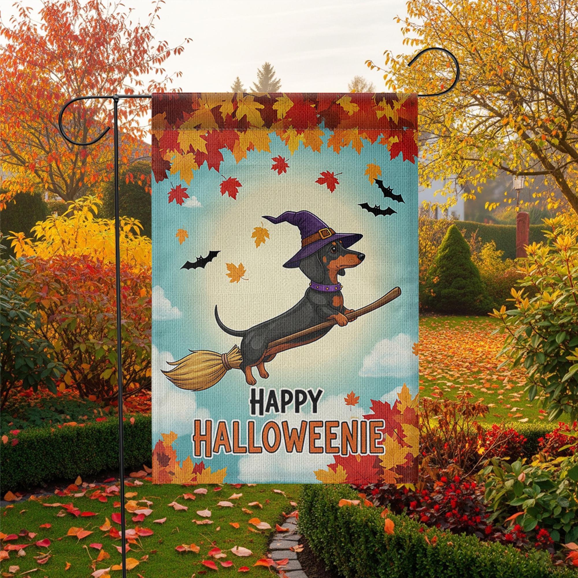 Happy Halloweenie Garden Flag, Dachshund Witch Halloween Decor, Funny Fall Dog Yard Sign, Cute Outdoor Holiday Decoration