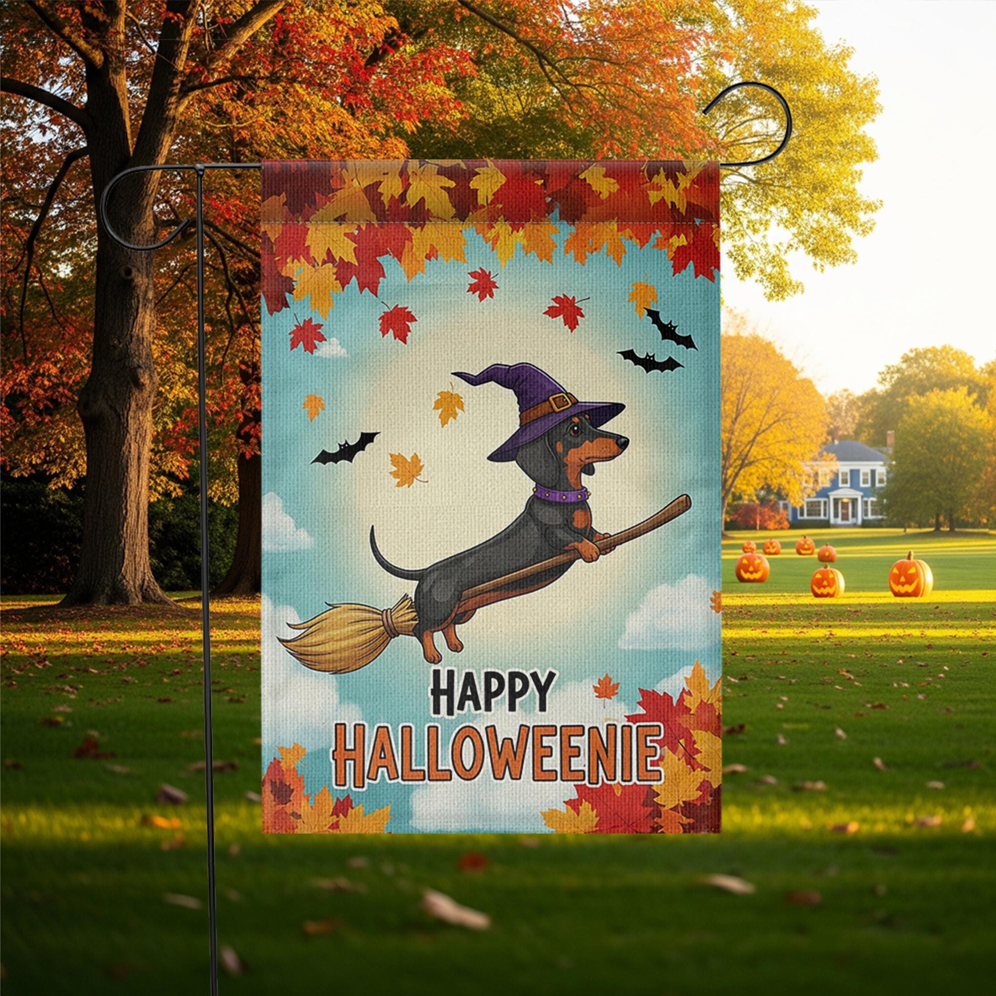 Happy Halloweenie Garden Flag, Dachshund Witch Halloween Decor, Funny Fall Dog Yard Sign, Cute Outdoor Holiday Decoration