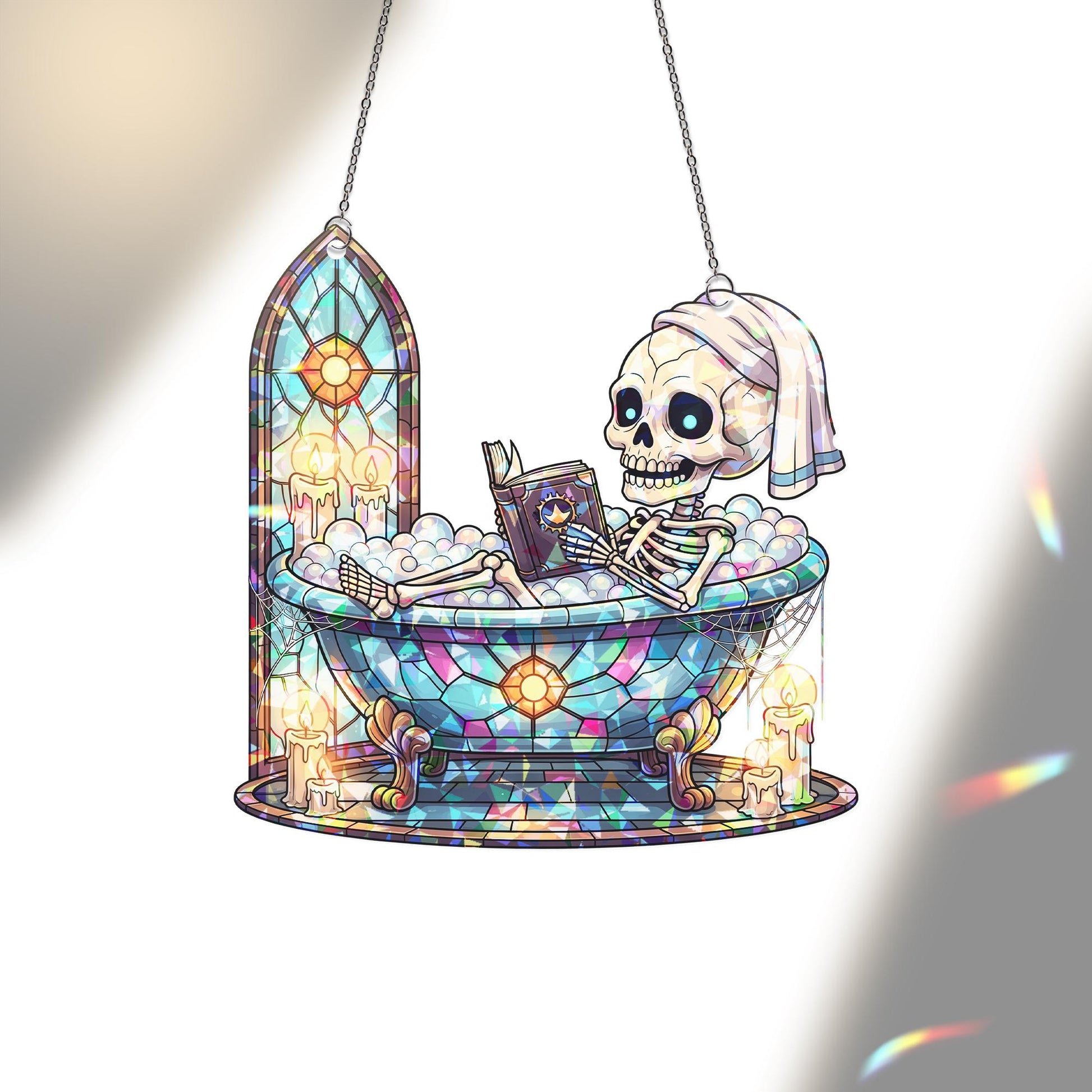 Skeleton Bath Suncatcher Gothic Halloween Window Decor Funny Spa Stained Glass Art