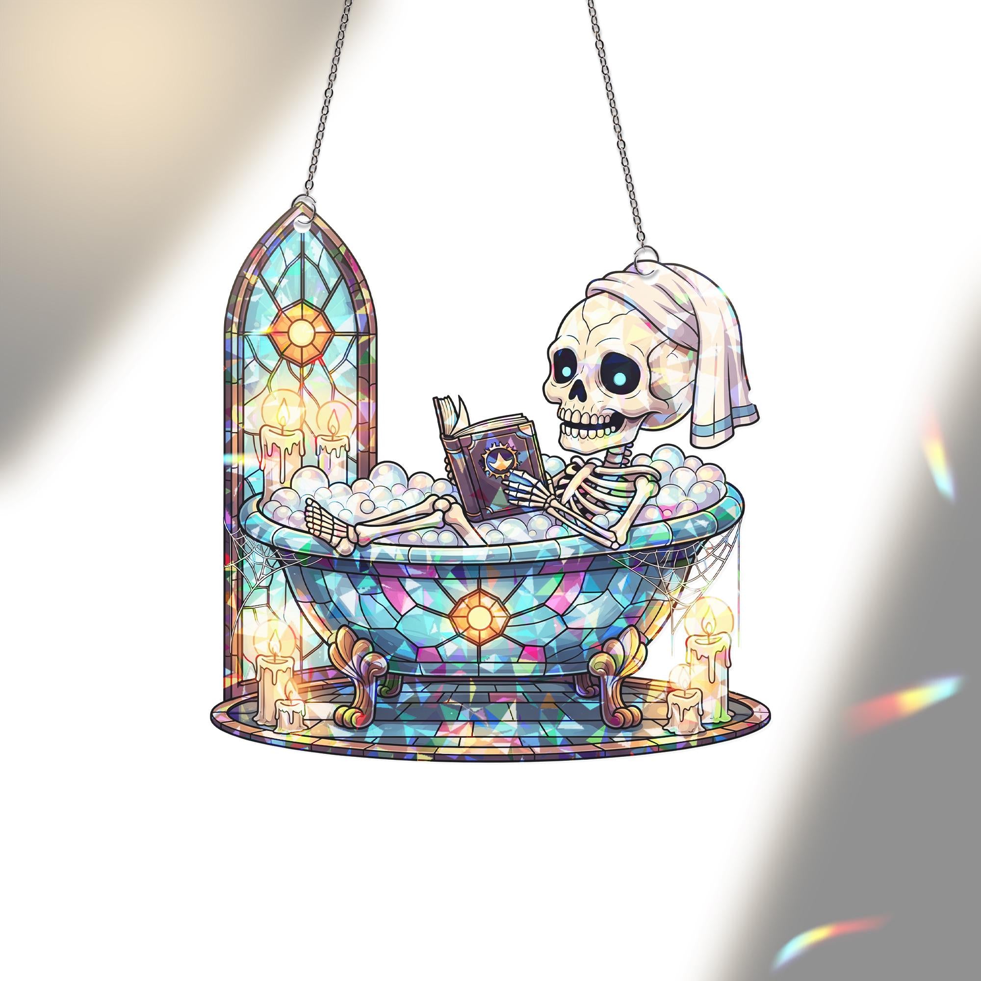 Skeleton Bath Suncatcher Gothic Halloween Window Decor Funny Spa Stained Glass Art