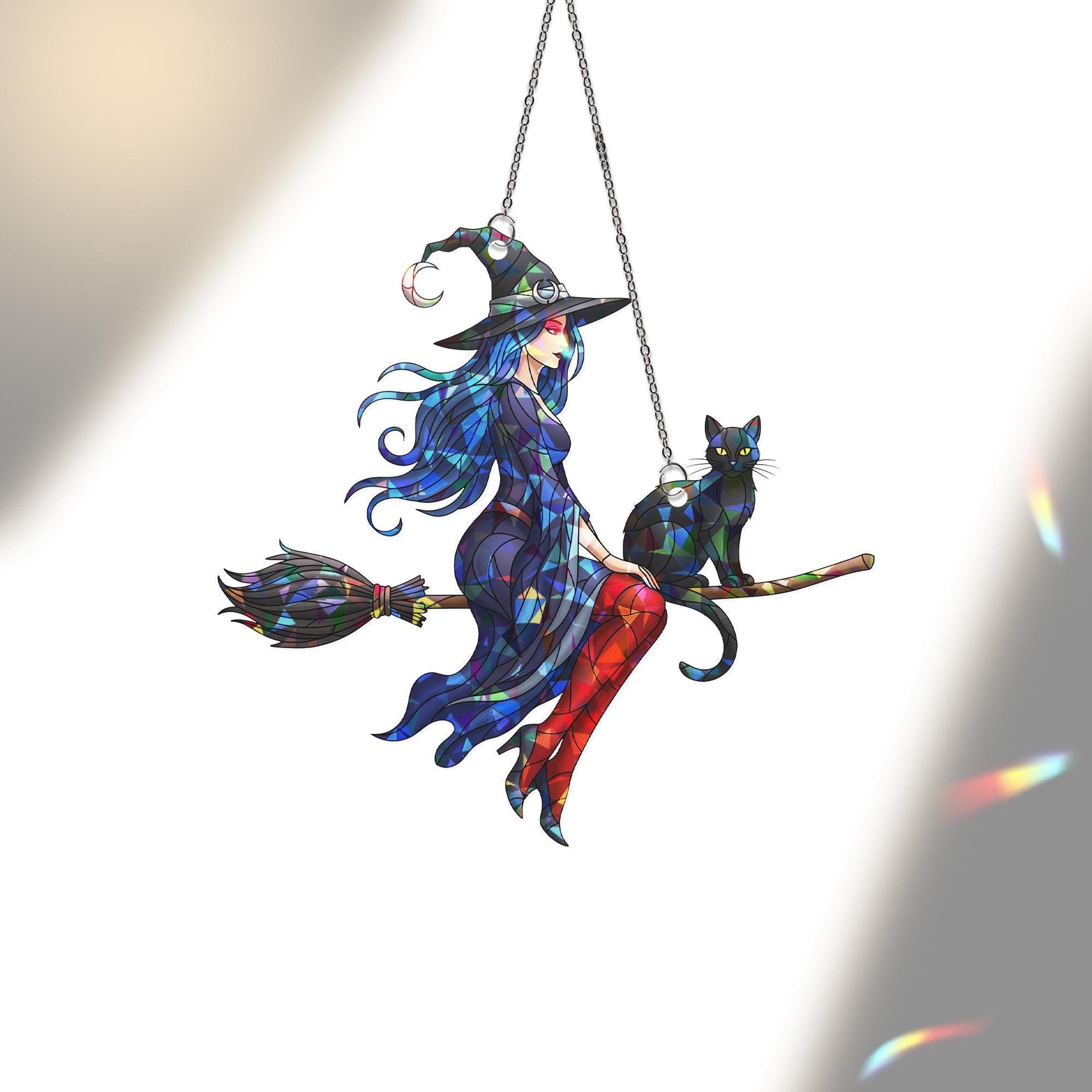 Witch Cat Suncatcher Gothic Halloween Stained Glass Decor Broomstick Window Art