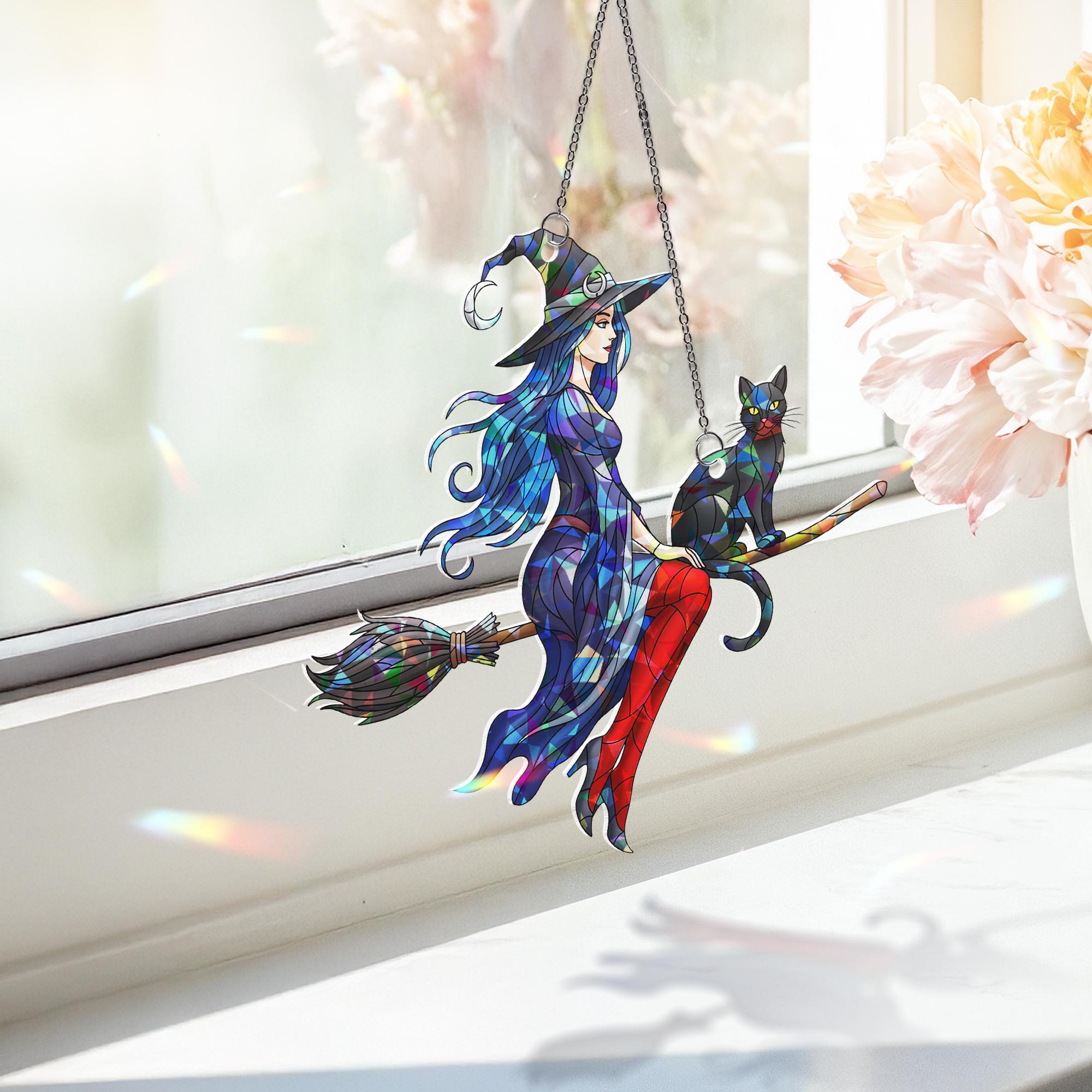 Witch Cat Suncatcher Gothic Halloween Stained Glass Decor Broomstick Window Art