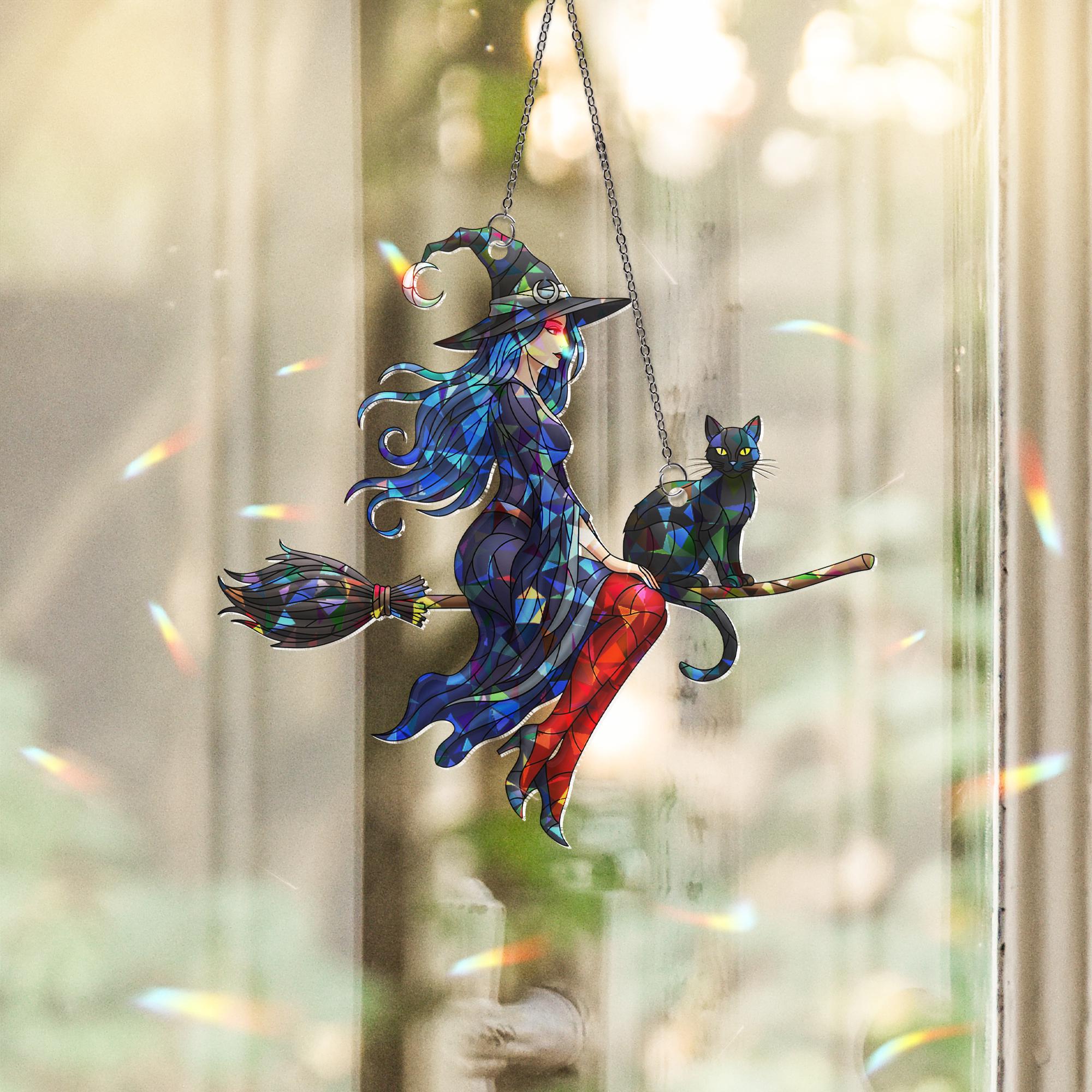 Witch Cat Suncatcher Gothic Halloween Stained Glass Decor Broomstick Window Art