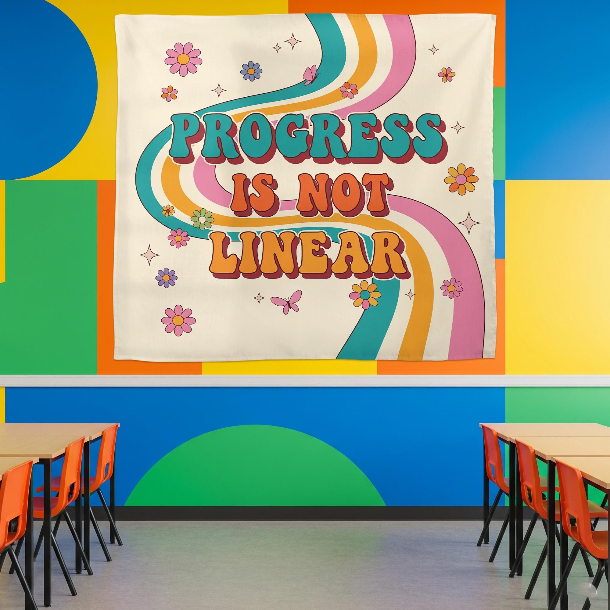 Teacher Classroom Tapestry, Progress Is Not Linear Teacher Tapestry, Teacher Back To School Gifts, Rainbow Motivational Classroom Banner