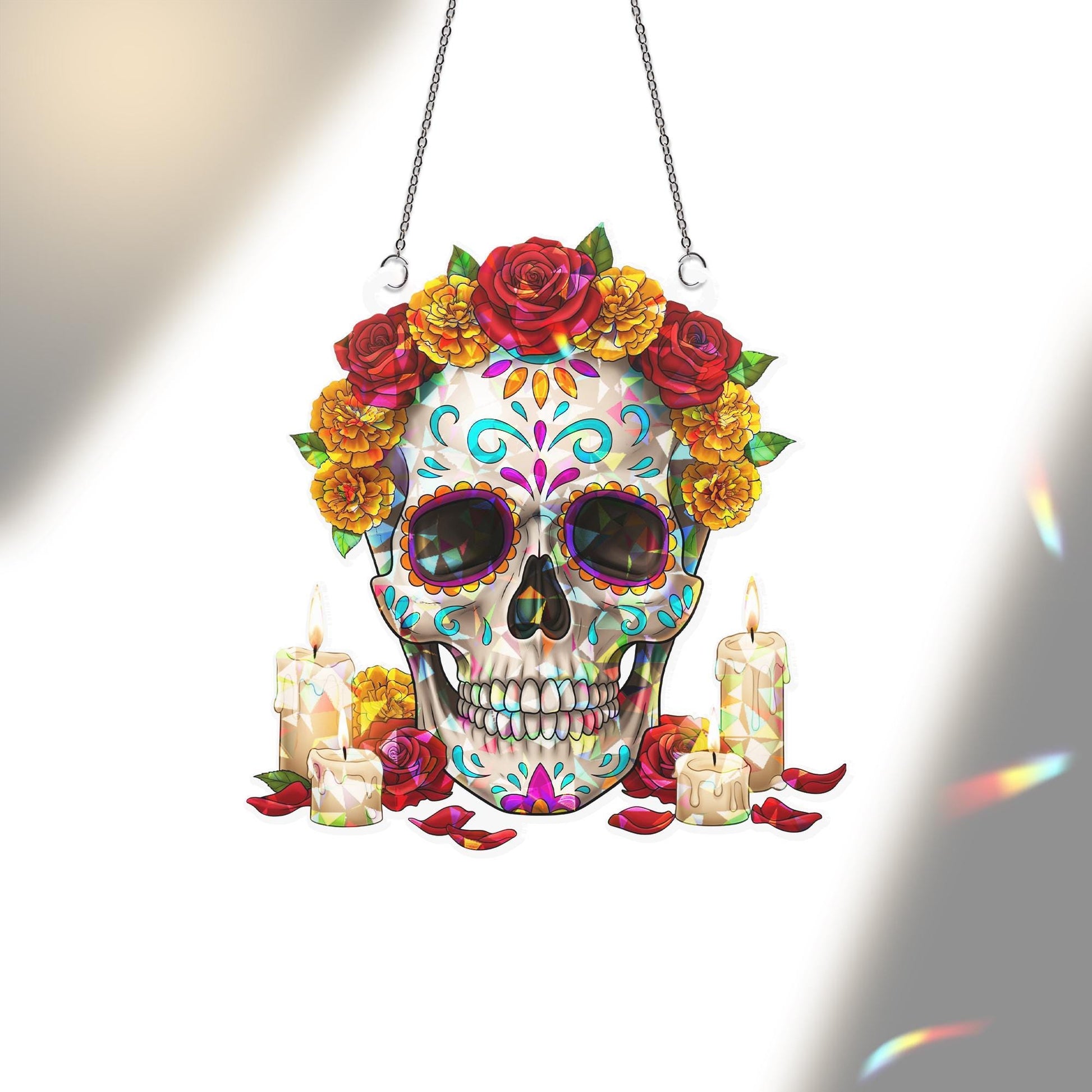 Sugar Skull Suncatcher Day of the Dead Decor Stained Glass Skull Window Hanging