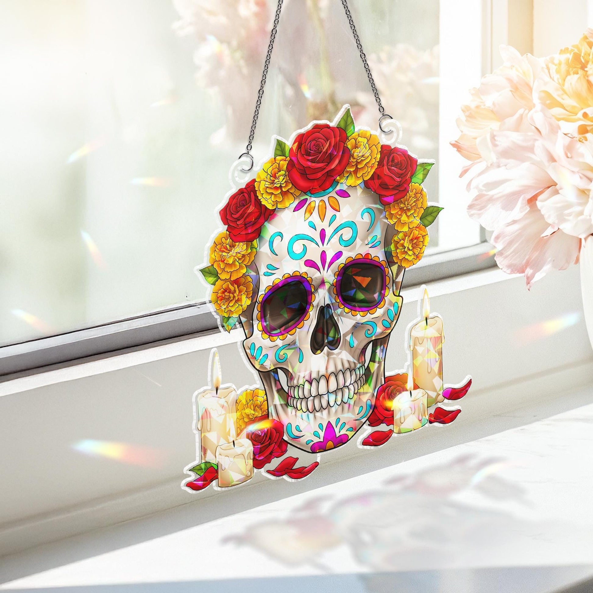 Sugar Skull Suncatcher Day of the Dead Decor Stained Glass Skull Window Hanging