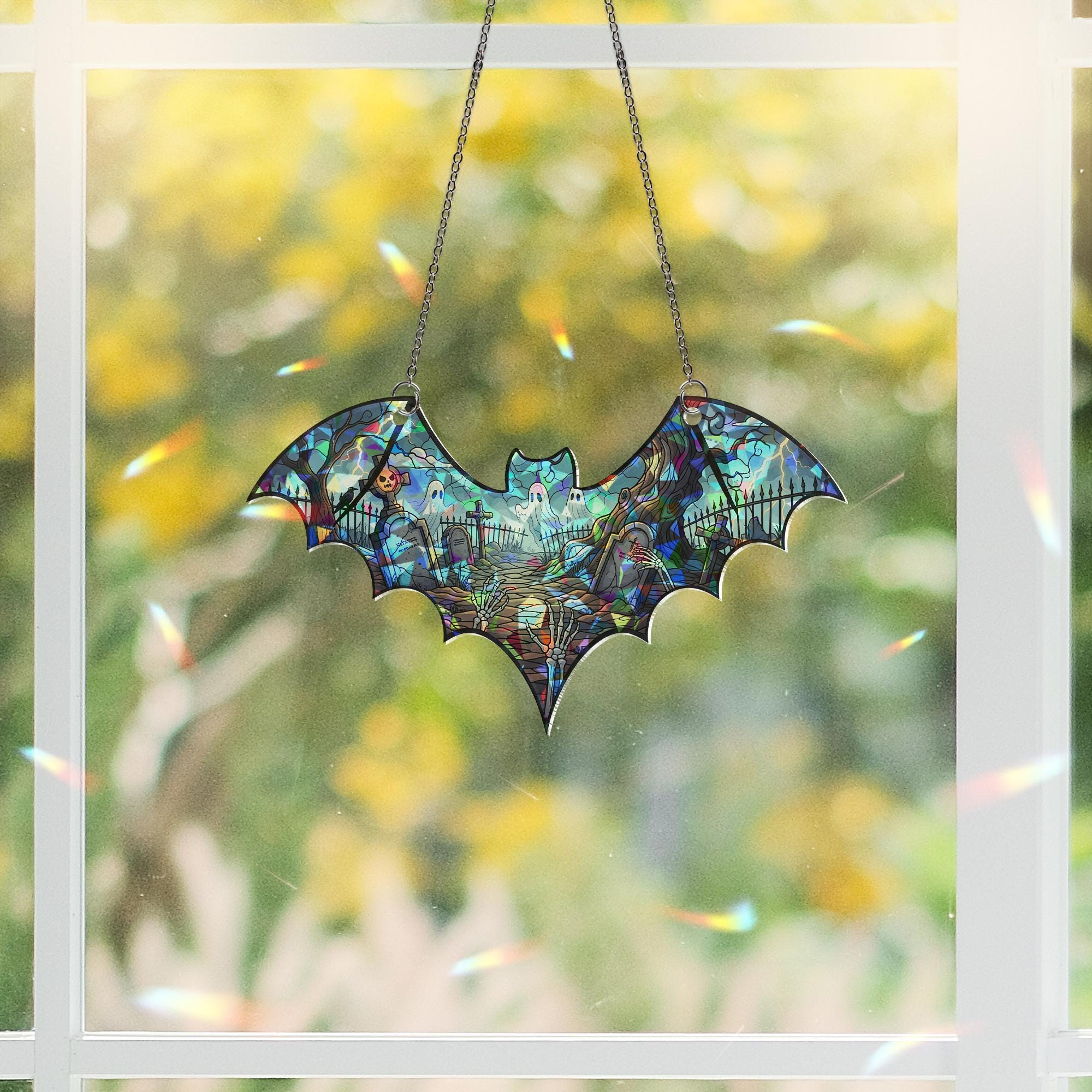 Bat Suncatcher Gothic Halloween Window Hanging Haunted Graveyard Stained Glass Art