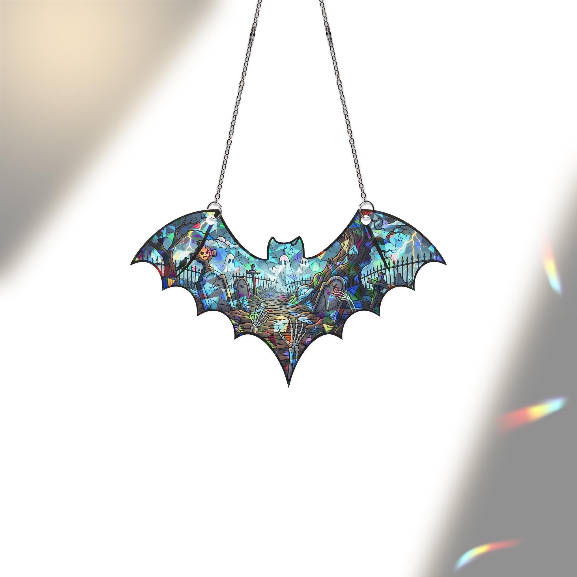 Bat Suncatcher Gothic Halloween Window Hanging Haunted Graveyard Stained Glass Art