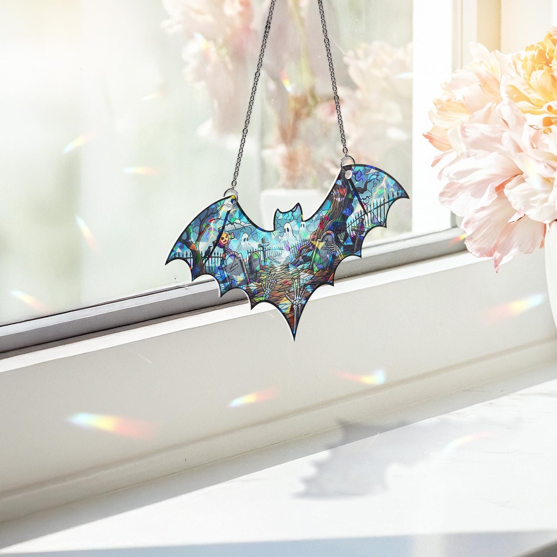 Bat Suncatcher Gothic Halloween Window Hanging Haunted Graveyard Stained Glass Art