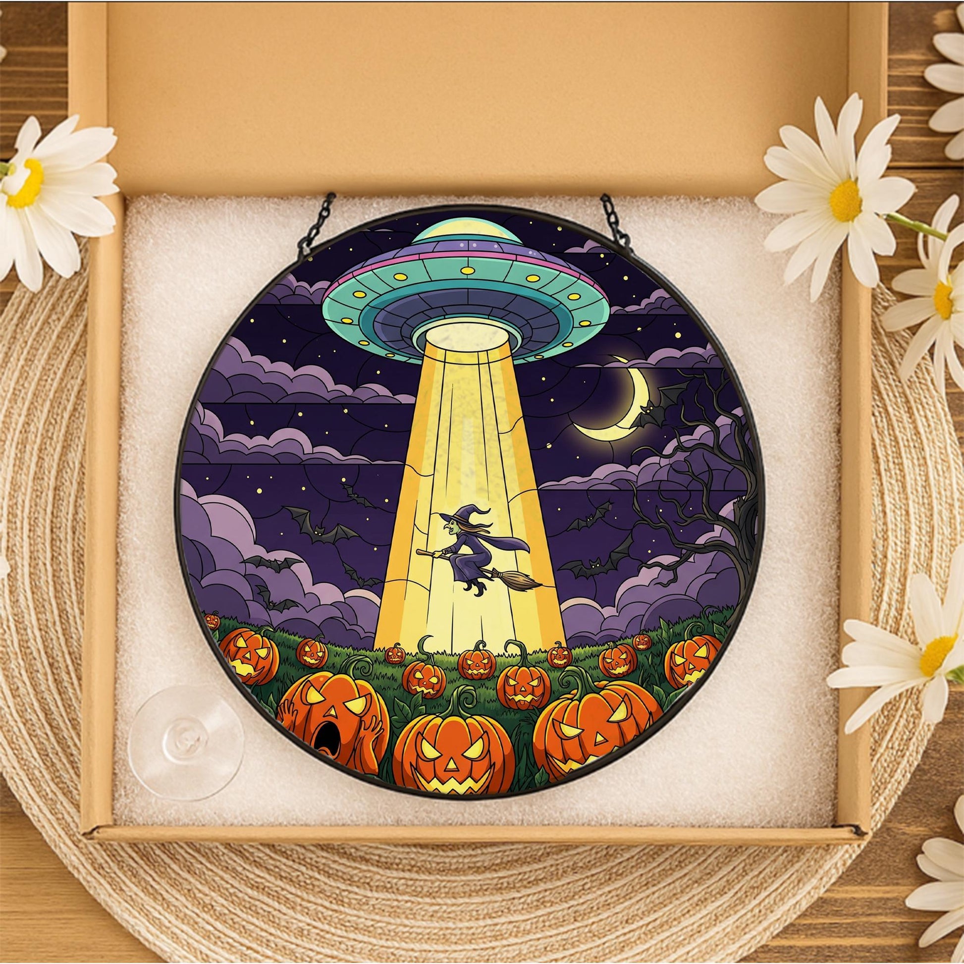 UFO Witch Halloween Suncatcher – Alien Pumpkin Flying Witch Window Decor Gift