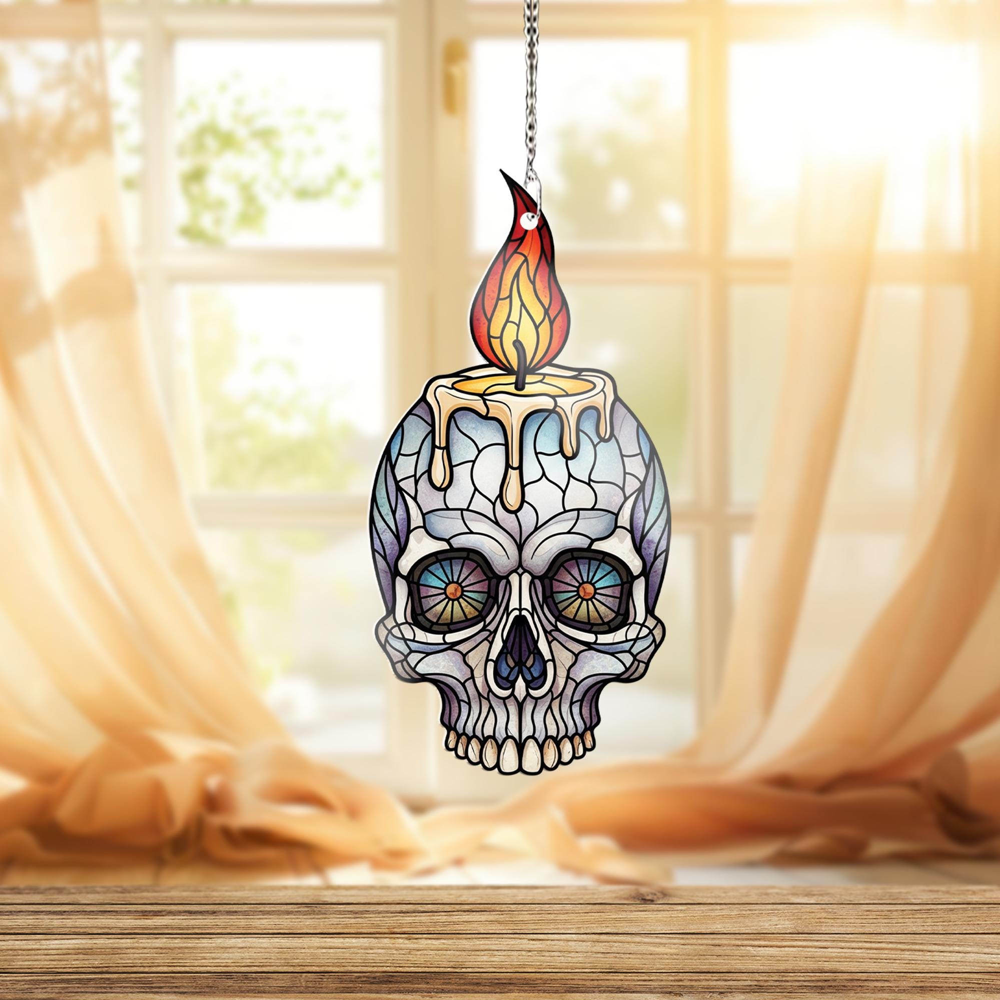 Faux Stained Glass Skull Candle Window Hanging – Gothic Halloween Decor, Spooky Sun Catcher, Horror Gift for Skull Lovers