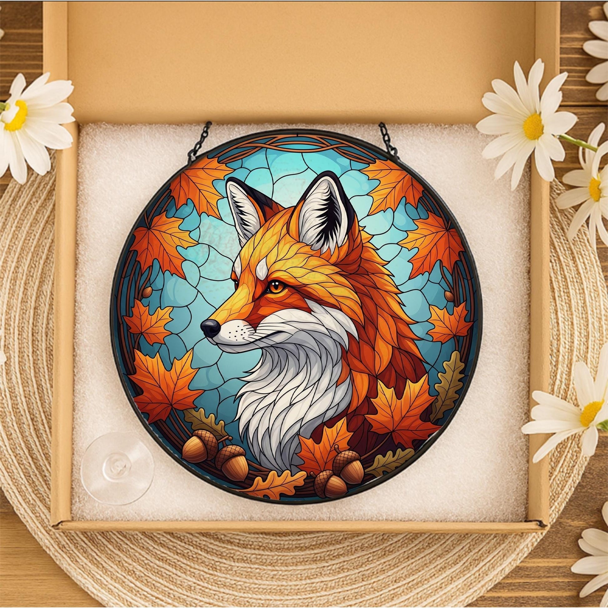 Autumn Fox Stained Glass Suncatcher, Fall Decor Window Hanging, Woodland Animal Gift, Maple Leaf Acorn Art