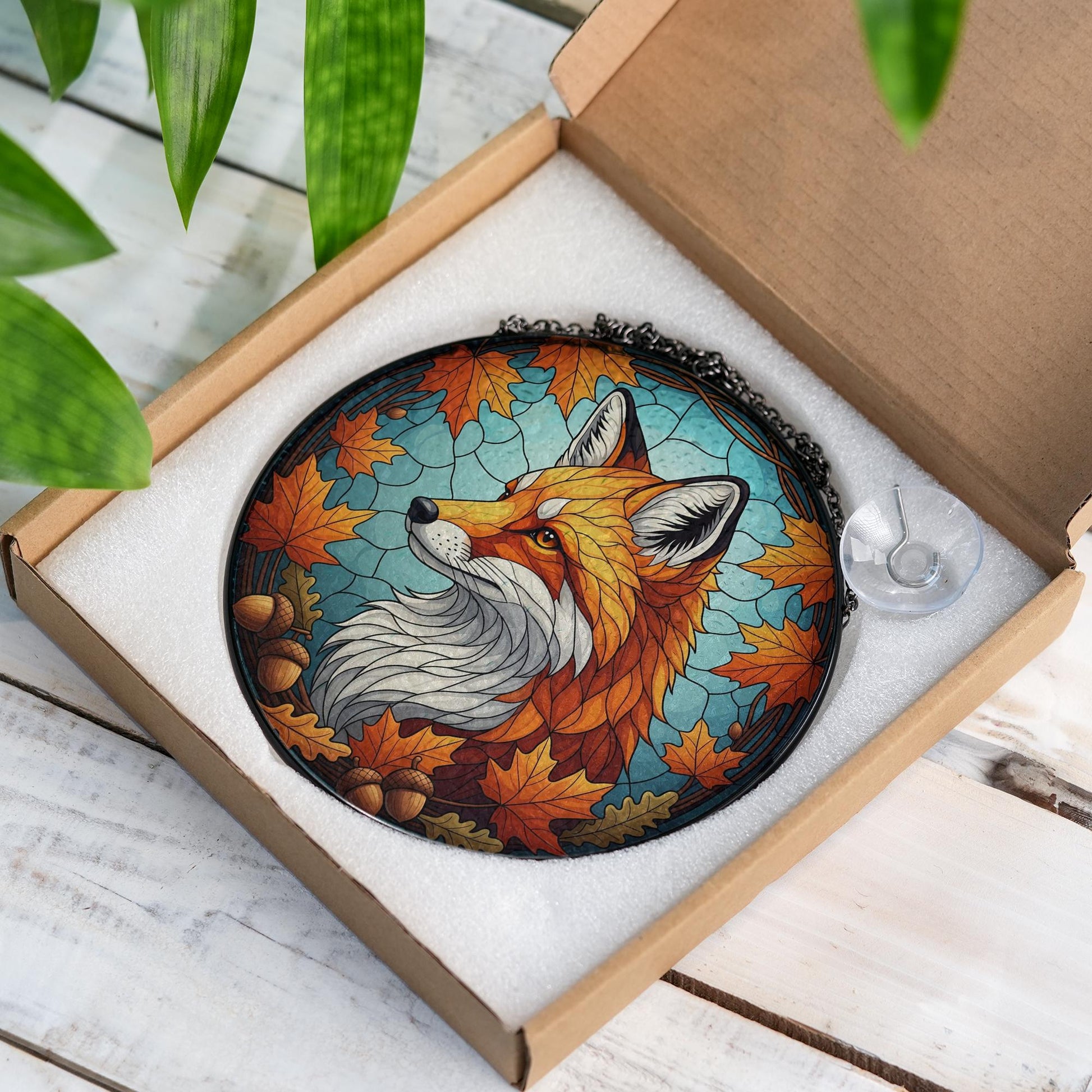 Autumn Fox Stained Glass Suncatcher, Fall Decor Window Hanging, Woodland Animal Gift, Maple Leaf Acorn Art