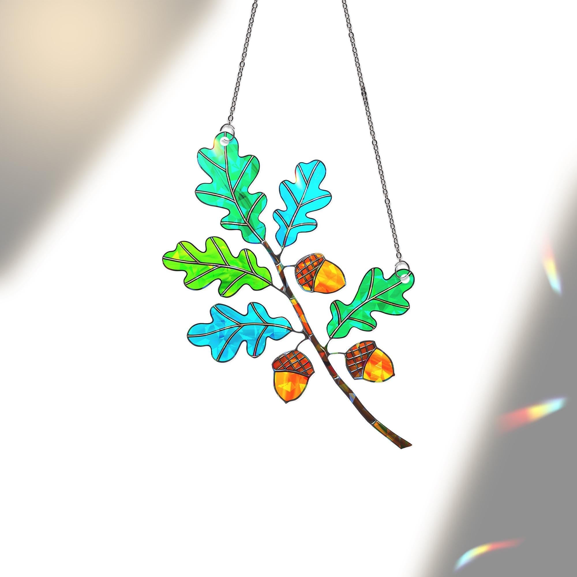 Stained Glass Oak Leaves and Acorns Suncatcher – Autumn Window Decor Nature Gift