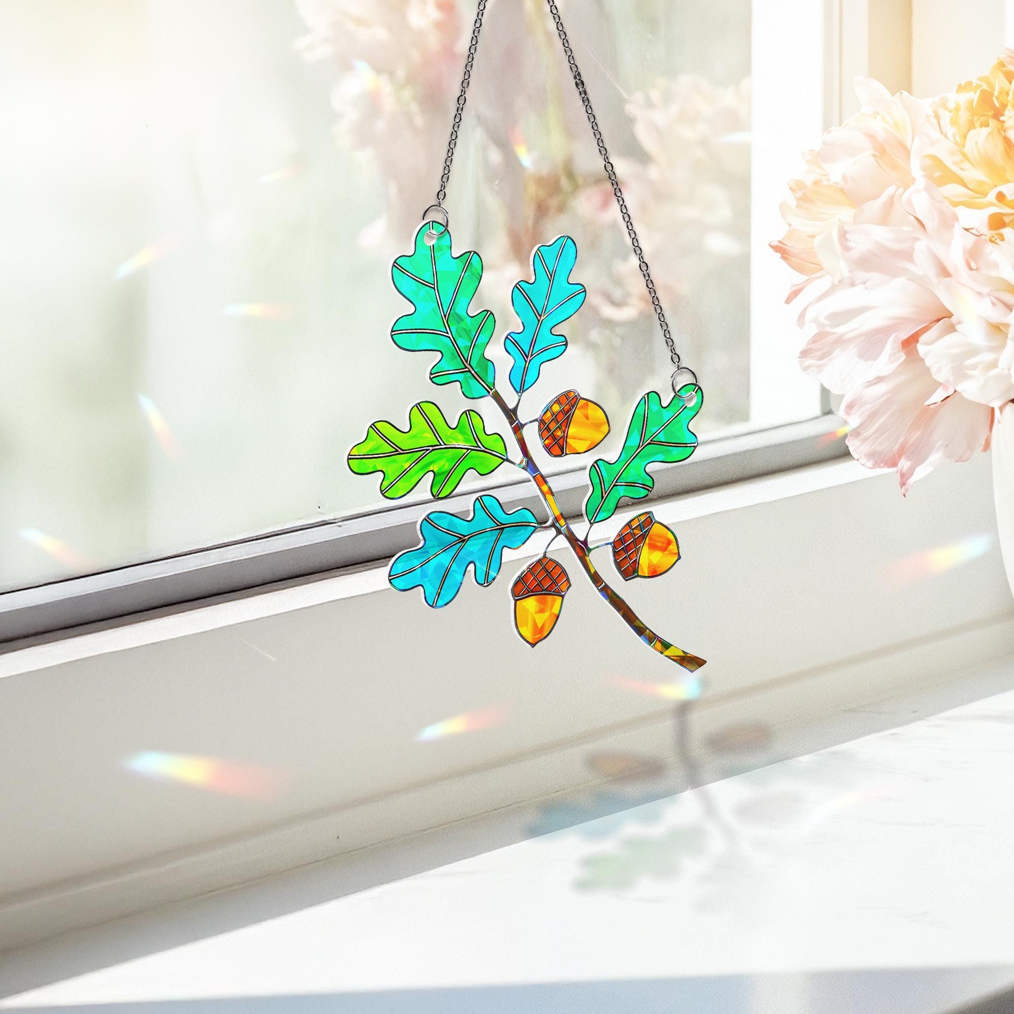 Stained Glass Oak Leaves and Acorns Suncatcher – Autumn Window Decor Nature Gift