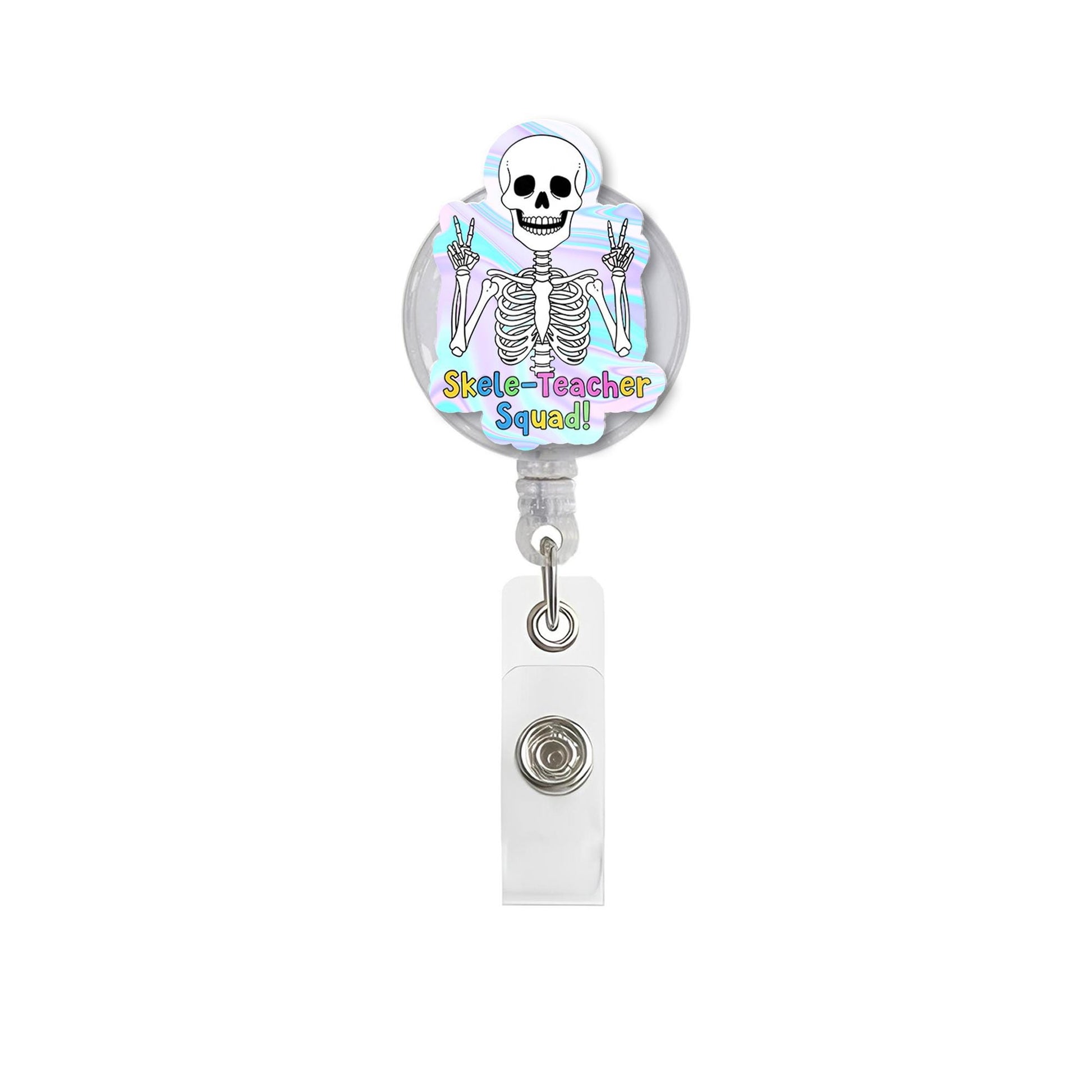 Skele Teacher Squad Badge Reel, Halloween Teacher Badge Holder, Skeleton Retractable ID Badge, Fun Teacher Gift, Spooky School Accessory