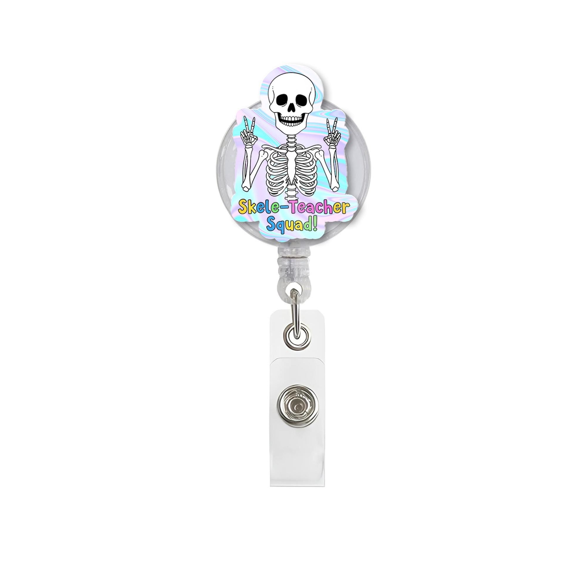 Skele Teacher Squad Badge Reel, Halloween Teacher Badge Holder, Skeleton Retractable ID Badge, Fun Teacher Gift, Spooky School Accessory