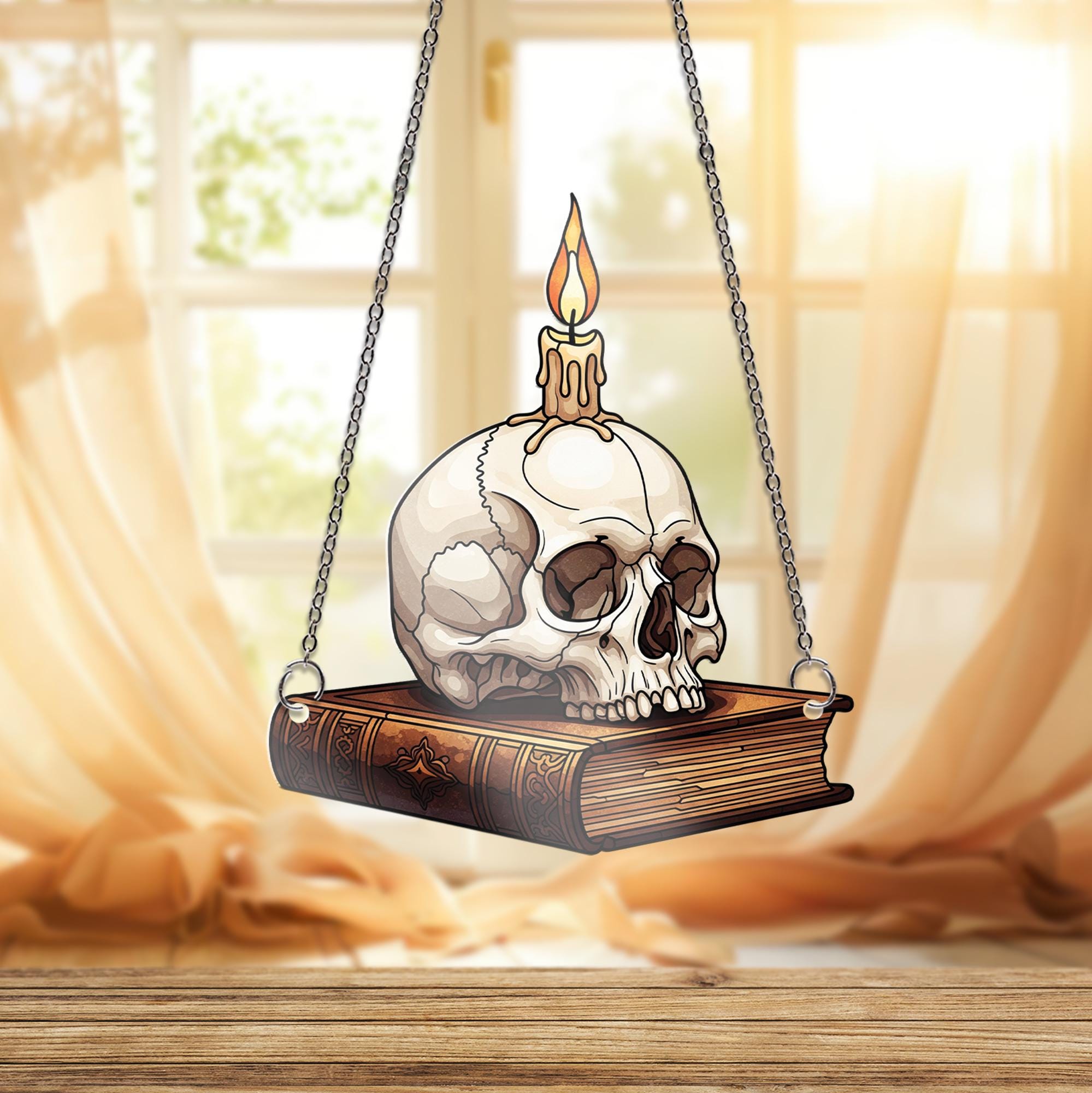 Faux Stained Glass Skull and Book Window Hanging – Gothic Candle Decor, Spooky Halloween Sun Catcher, Horror Library Art Gift